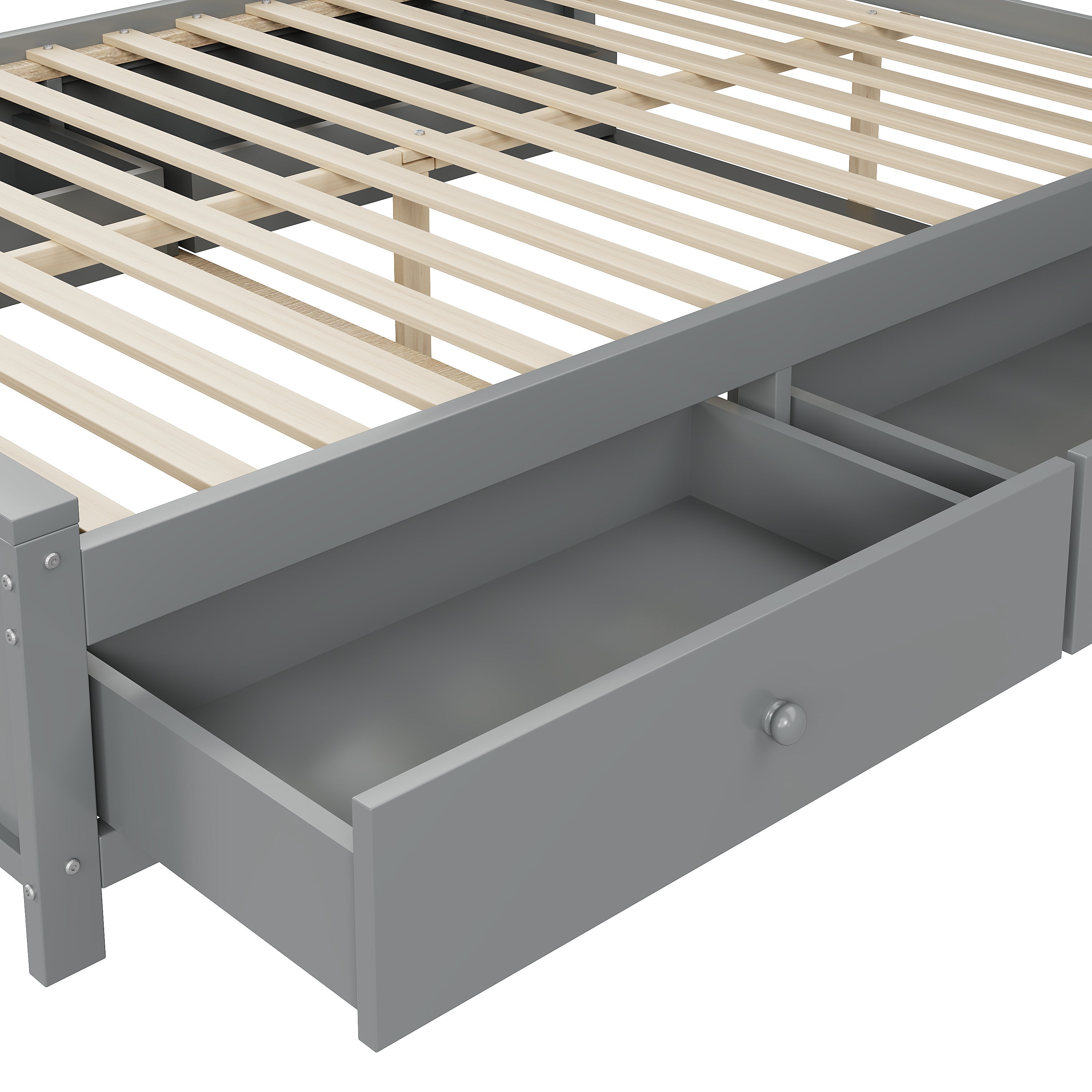 Bed Frame, 140x200 with 4 Drawers & Storage Cabinet, Solid Wood, Grey