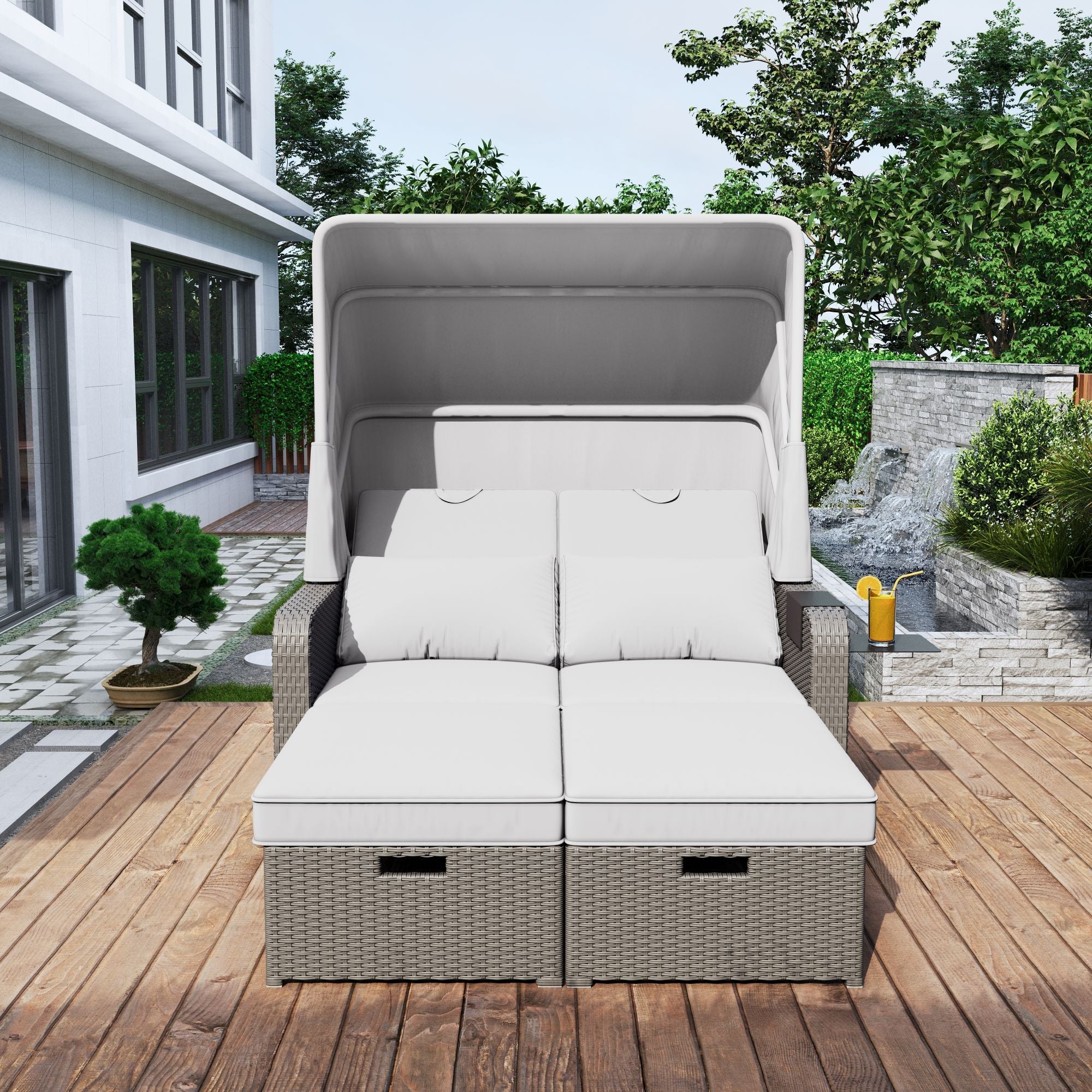 Polyrattan Garden Sofa for 2 People with Removable Awning, Khaki