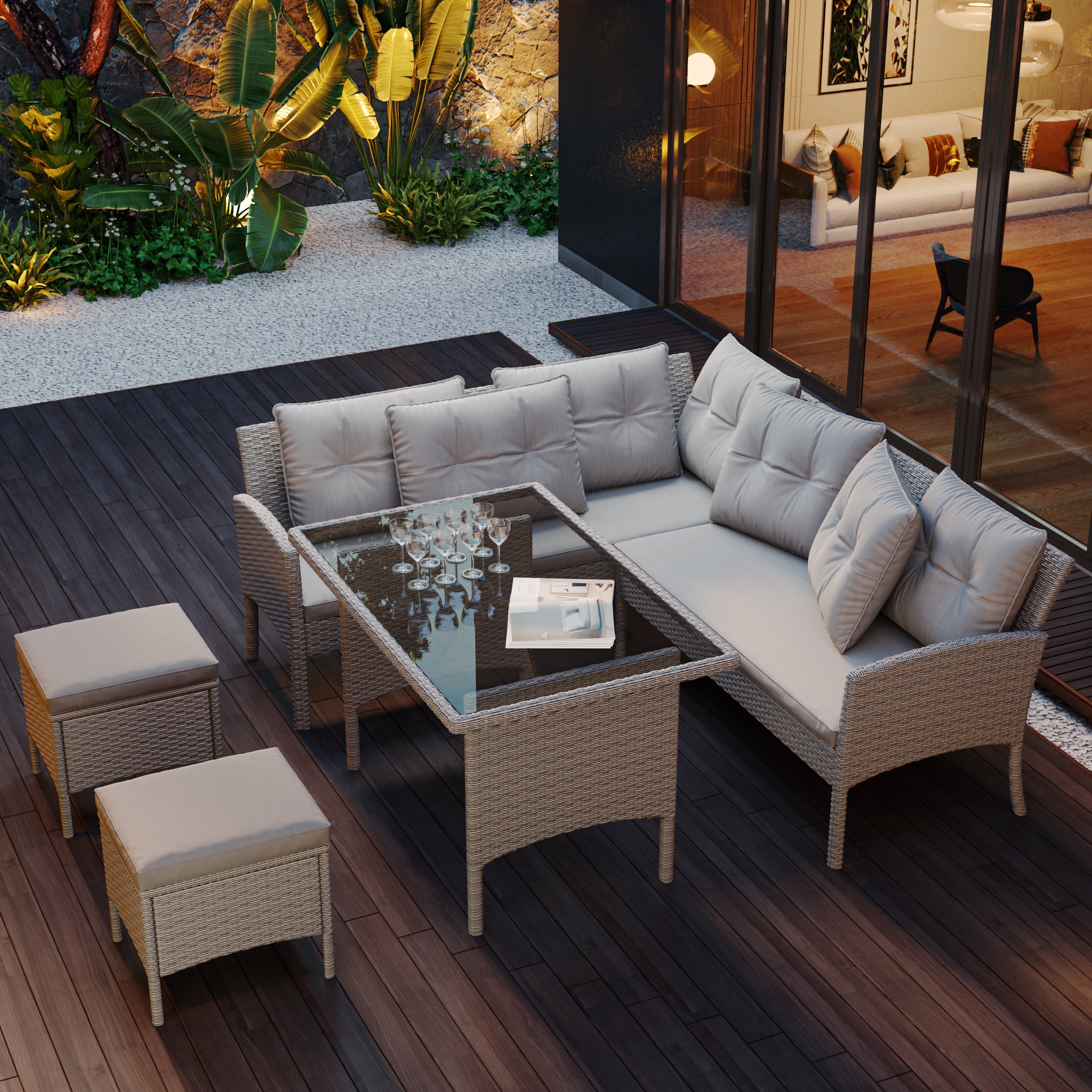Poly Rattan Dining Set for 7 People with Sofa, Table and Stools, Khaki