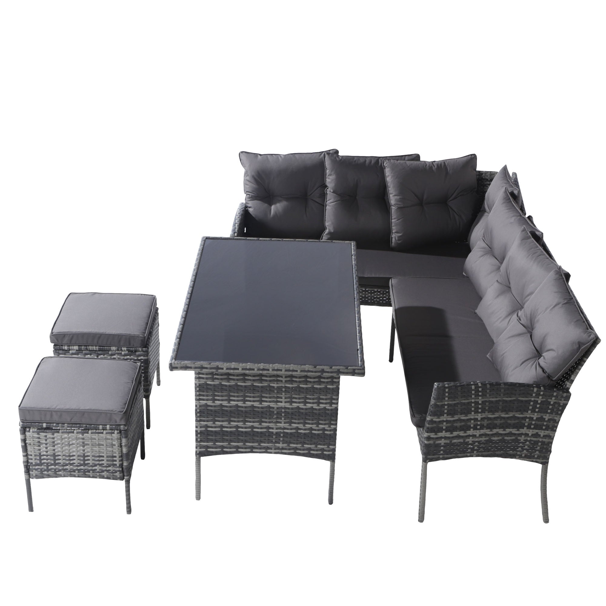 Poly Rattan Dining Set for 7 People with Sofa, Table and Stools, Grey