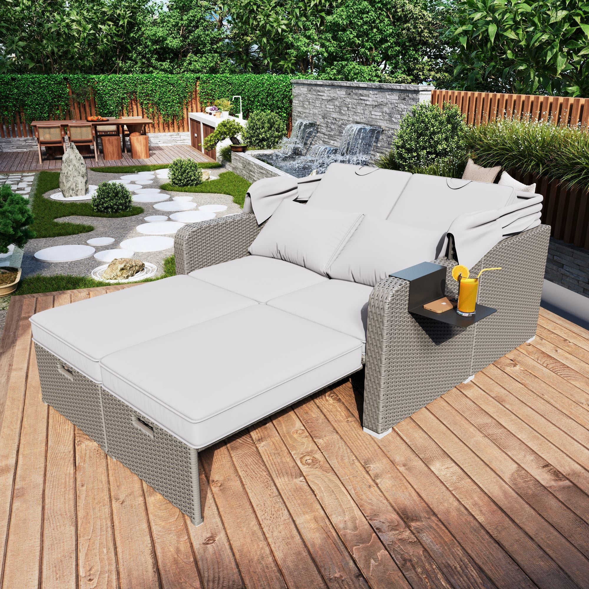 Polyrattan Garden Sofa for 2 People with Removable Awning, Khaki