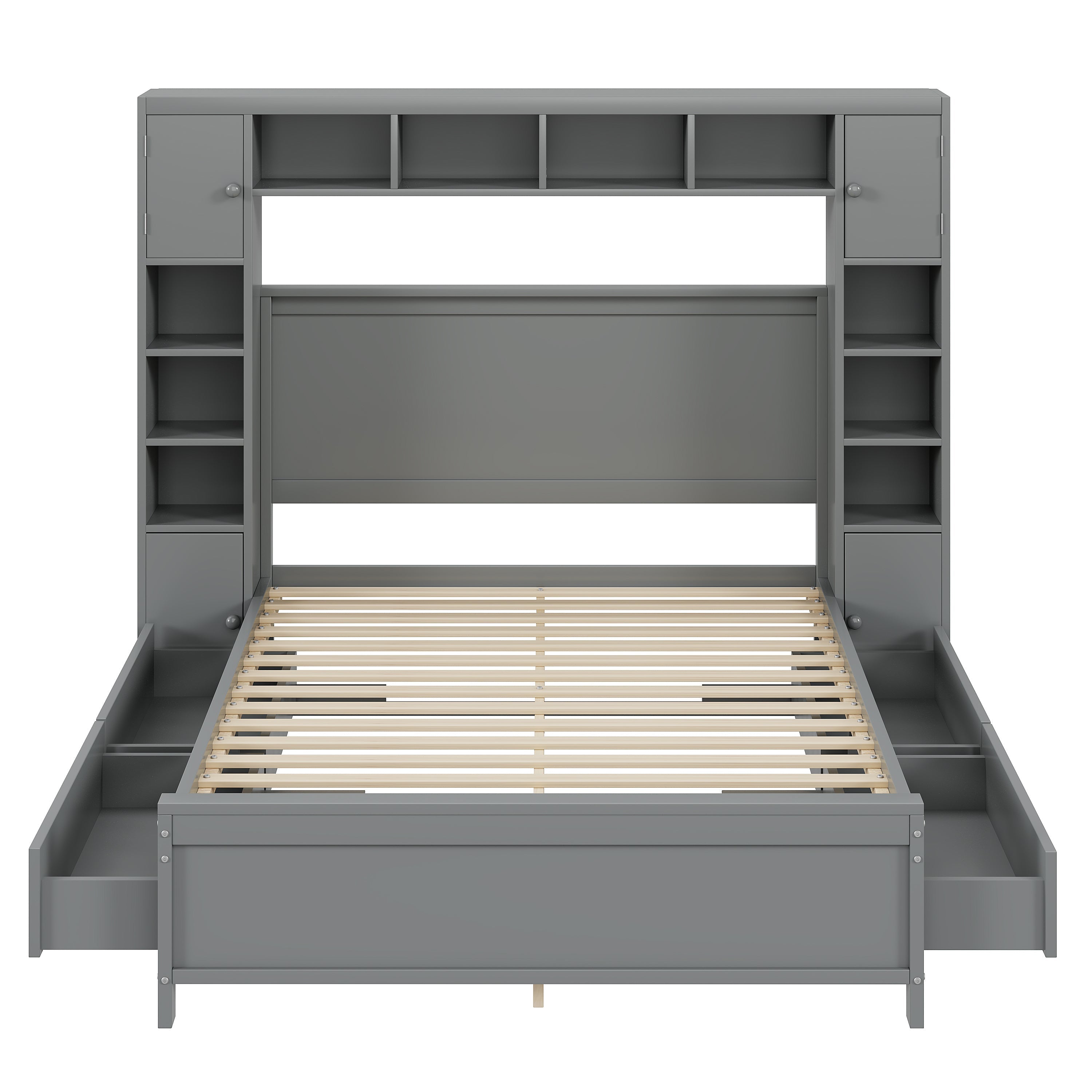 Bed Frame, 140x200 with 4 Drawers & Storage Cabinet, Solid Wood, Grey