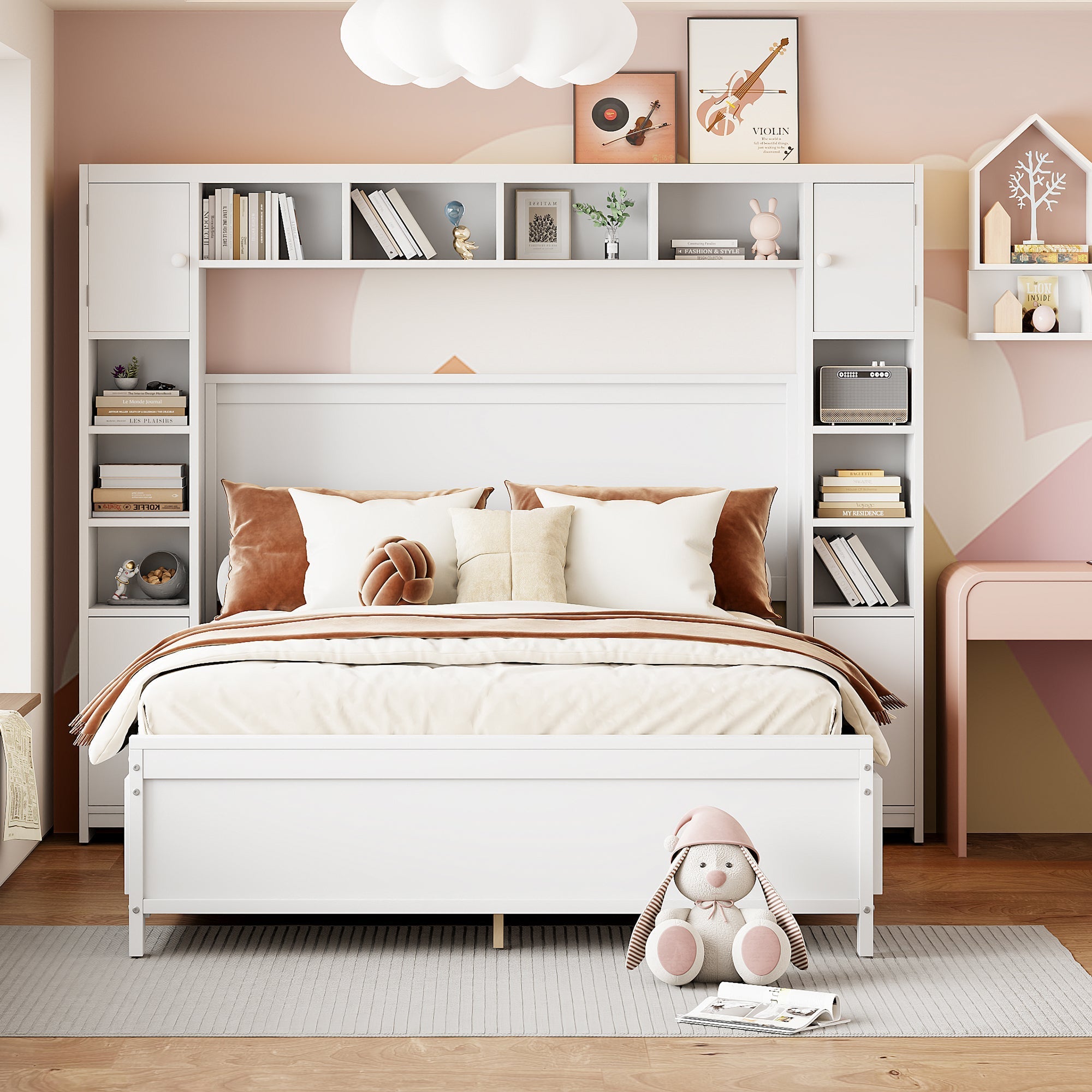 Bed Frame, 140x200 with 4 Drawers & Storage Cabinet, Solid Wood, White