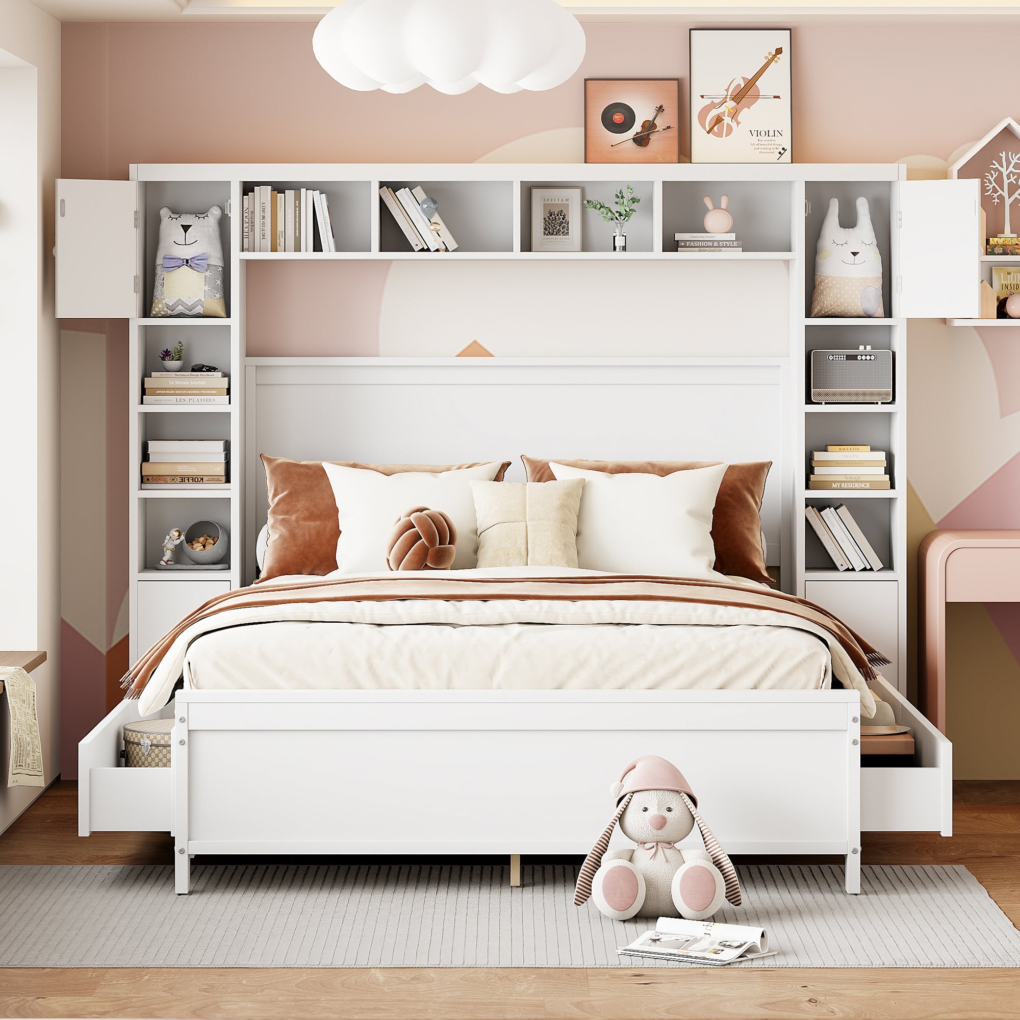 Bed Frame, 140x200 with 4 Drawers & Storage Cabinet, Solid Wood, White