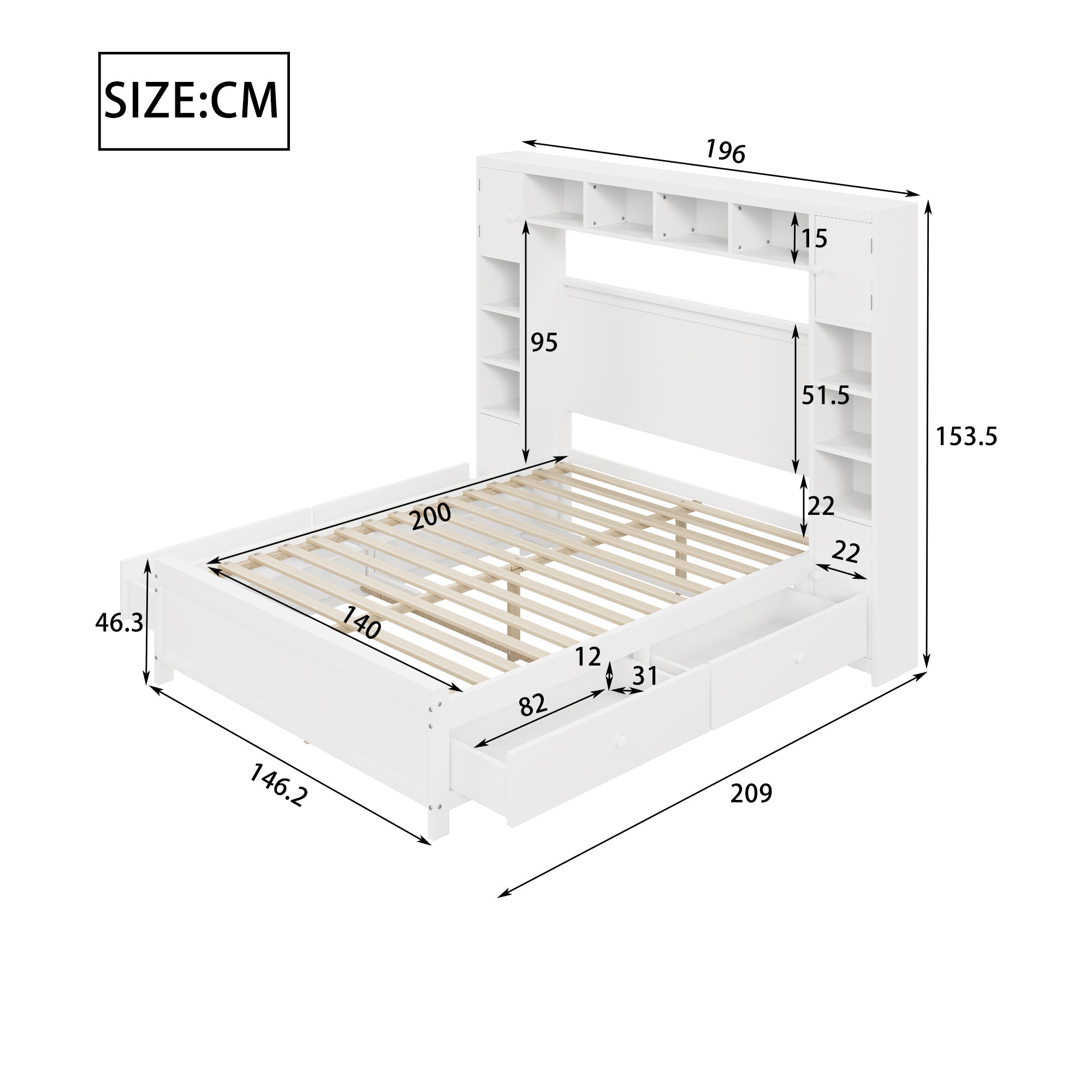 Bed Frame, 140x200 with 4 Drawers & Storage Cabinet, Solid Wood, White