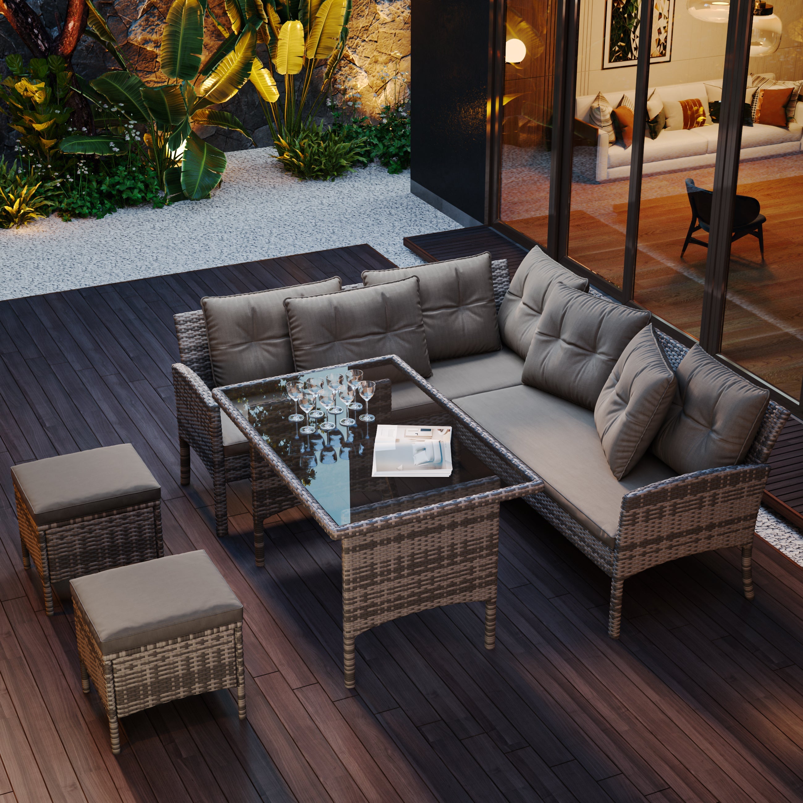 Poly Rattan Dining Set for 7 People with Sofa, Table and Stools, Grey