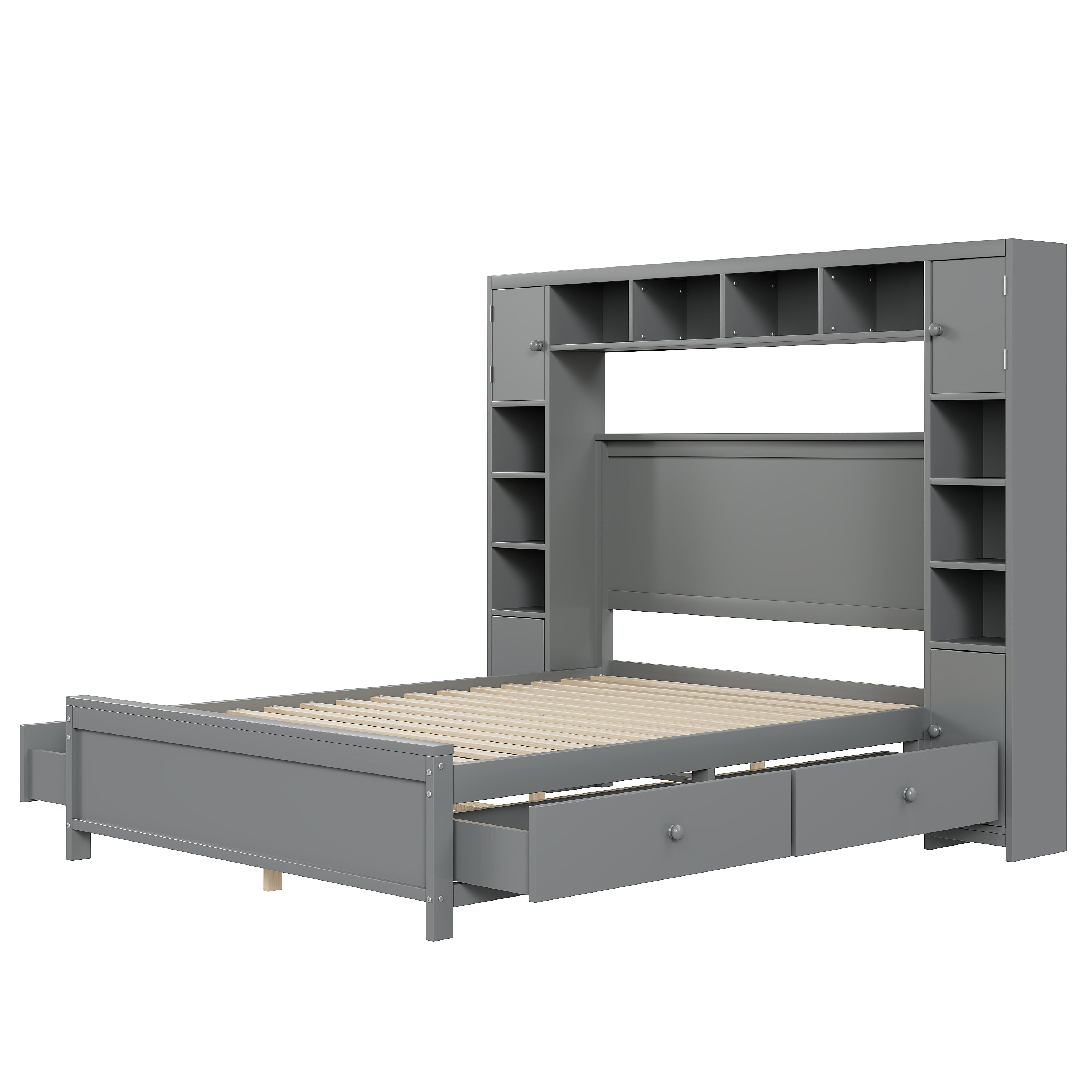 Bed Frame, 140x200 with 4 Drawers & Storage Cabinet, Solid Wood, Grey