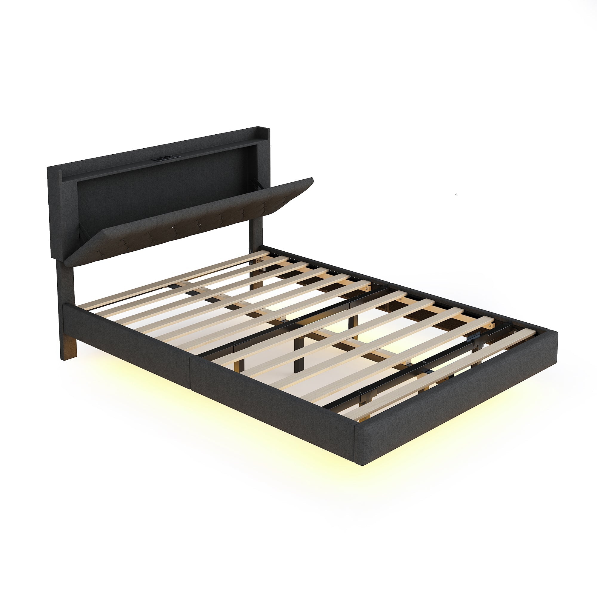 Upholstered Bed, 140x200cm USB Charging LED Double with Slatted Frame, Gray Linen