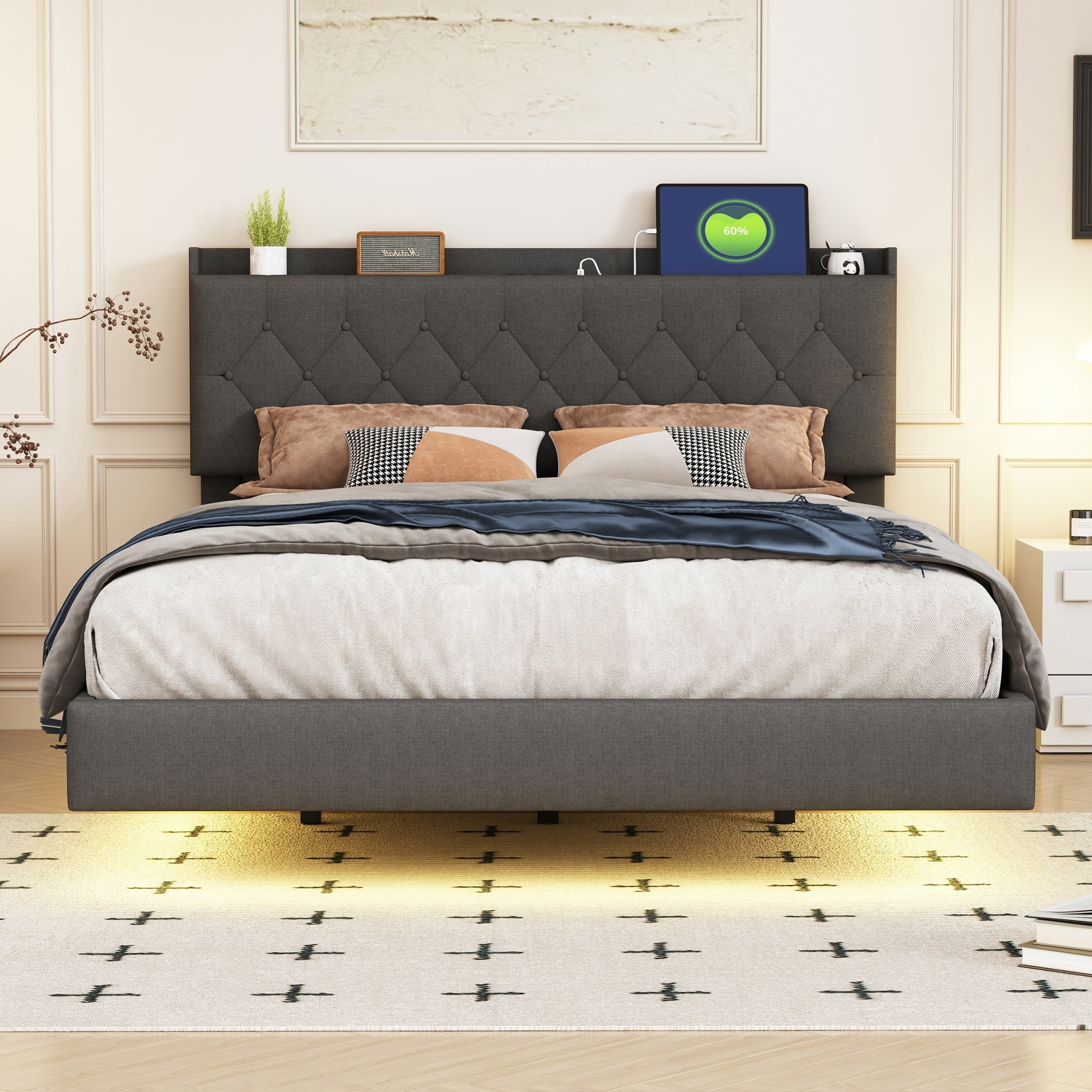 Upholstered Bed, 140x200cm USB Charging LED Double with Slatted Frame, Gray Linen