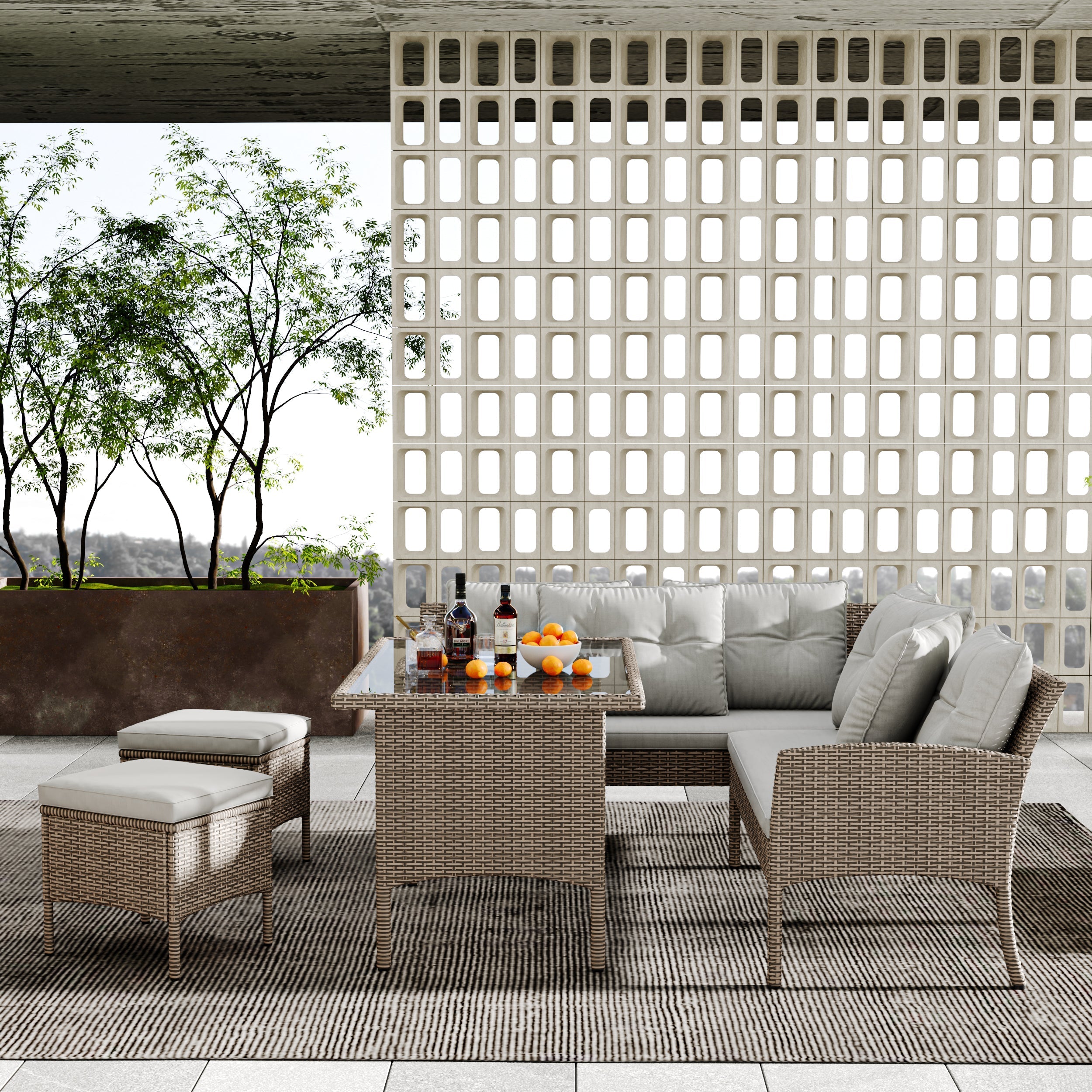 Garden Furniture Set, 6-7 Seater Rattan Patio Sofa with Table Stool, Mixed Khaki Wicker with Light Grey Cushions