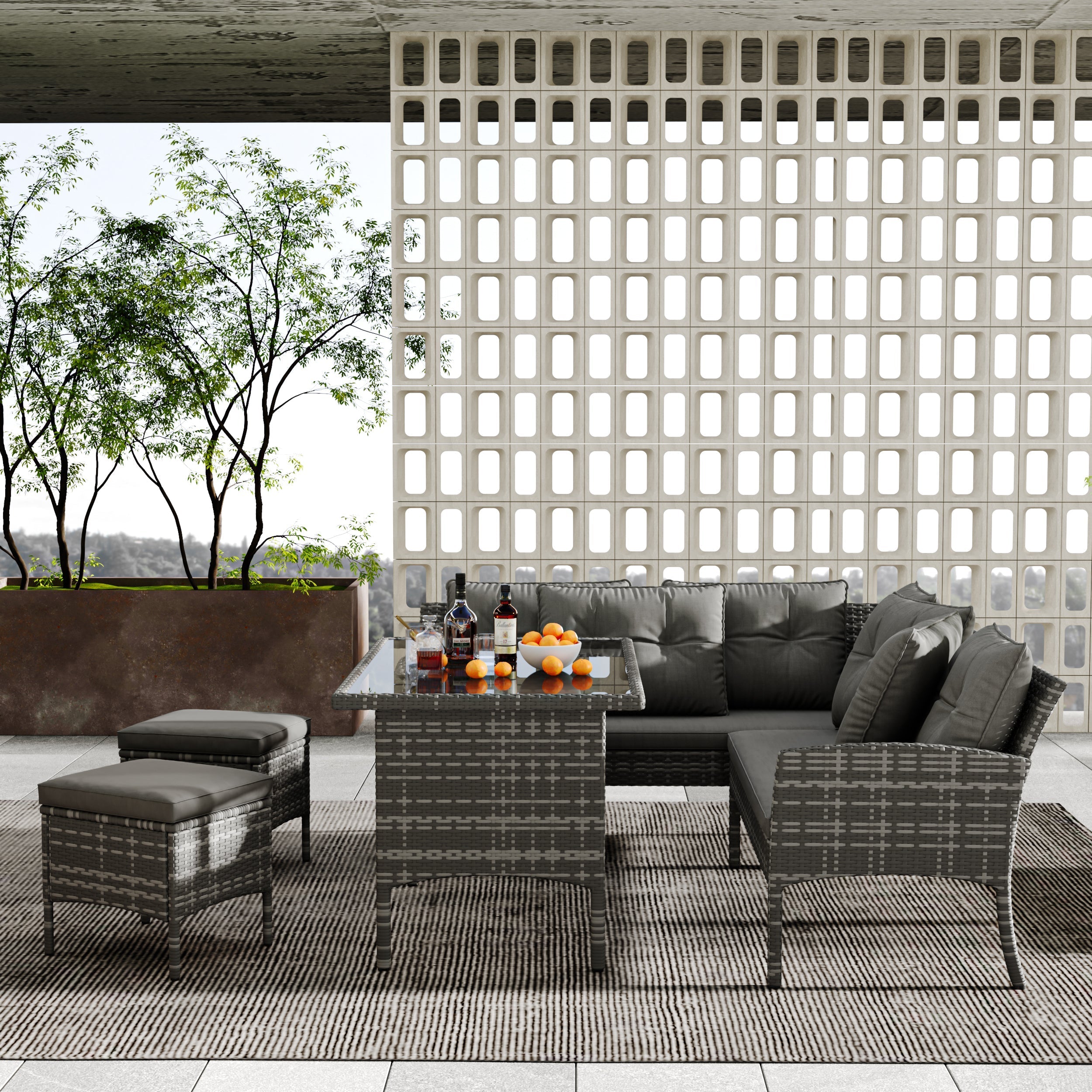 Garden Furniture Sets Rattan Patio Sofa Lounge Corner with Table Stool, Mixed Grey Wicker with Dark Grey Cushions