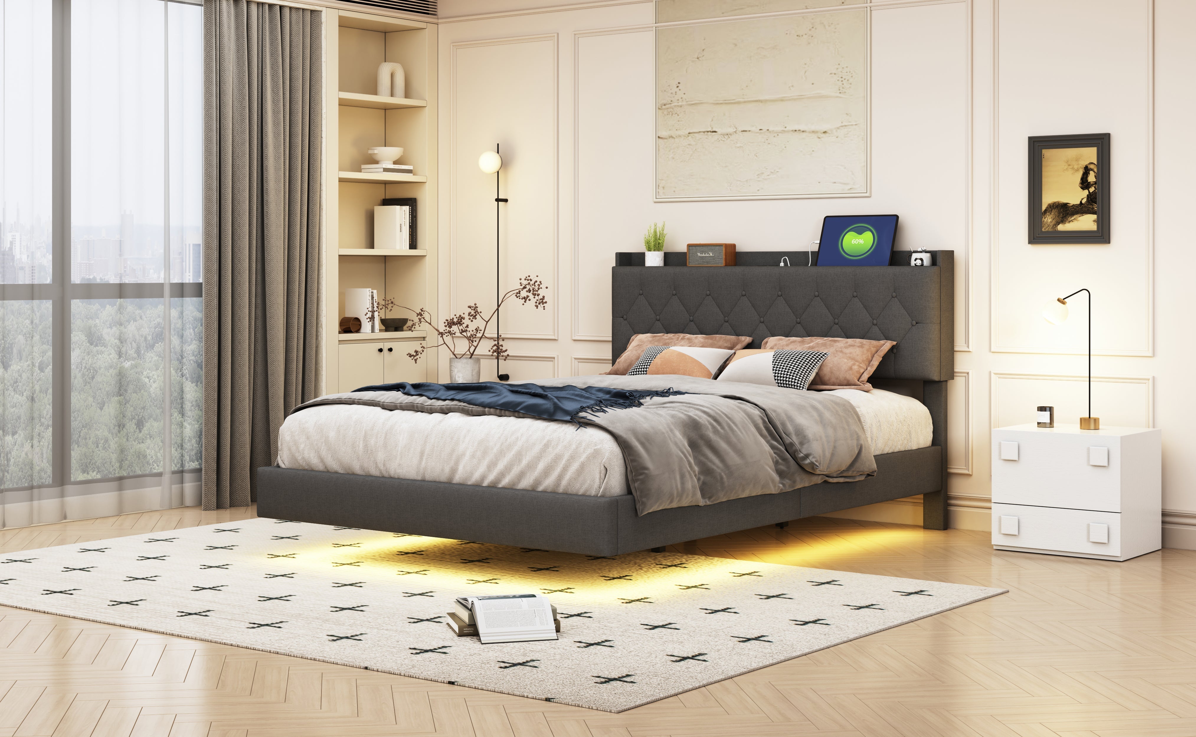Upholstered Bed, 140x200cm USB Charging LED Double with Slatted Frame, Gray Linen