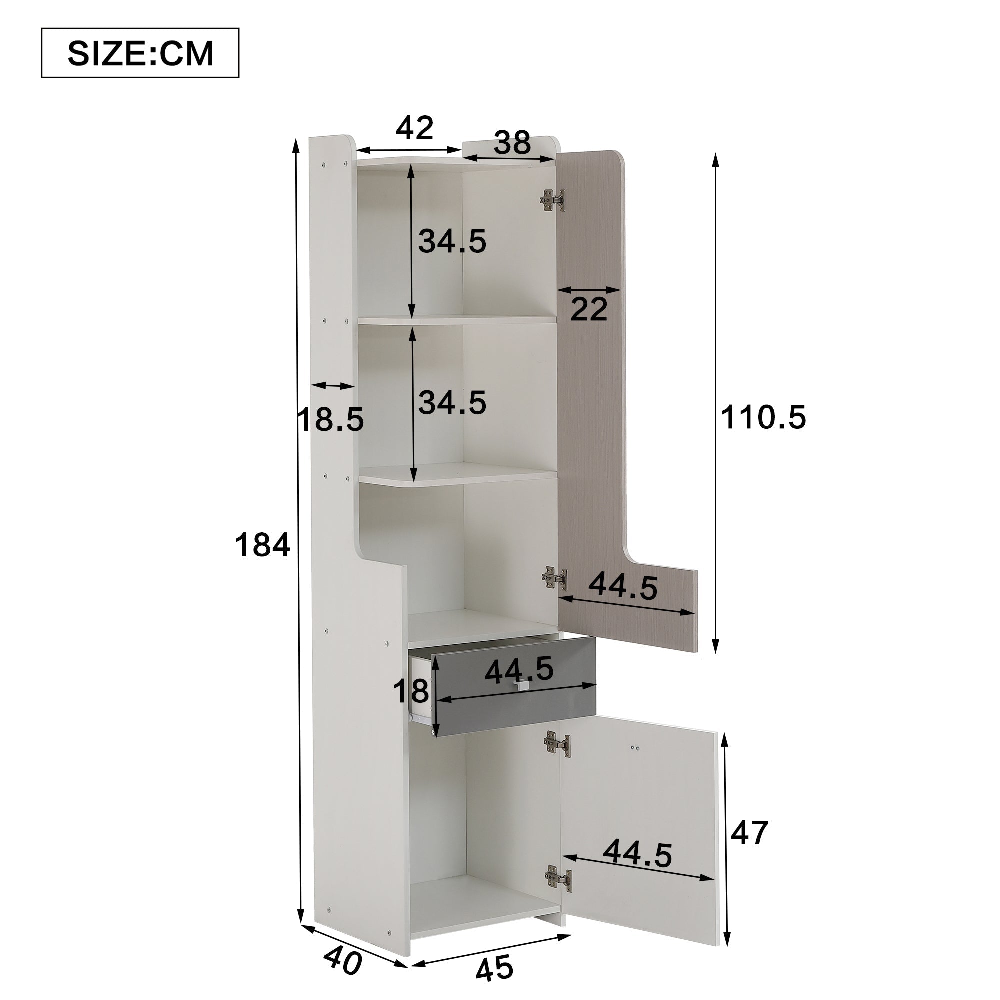 Bookcase, L-Shaped Door, Drawer, Hinged Doors, White MDF