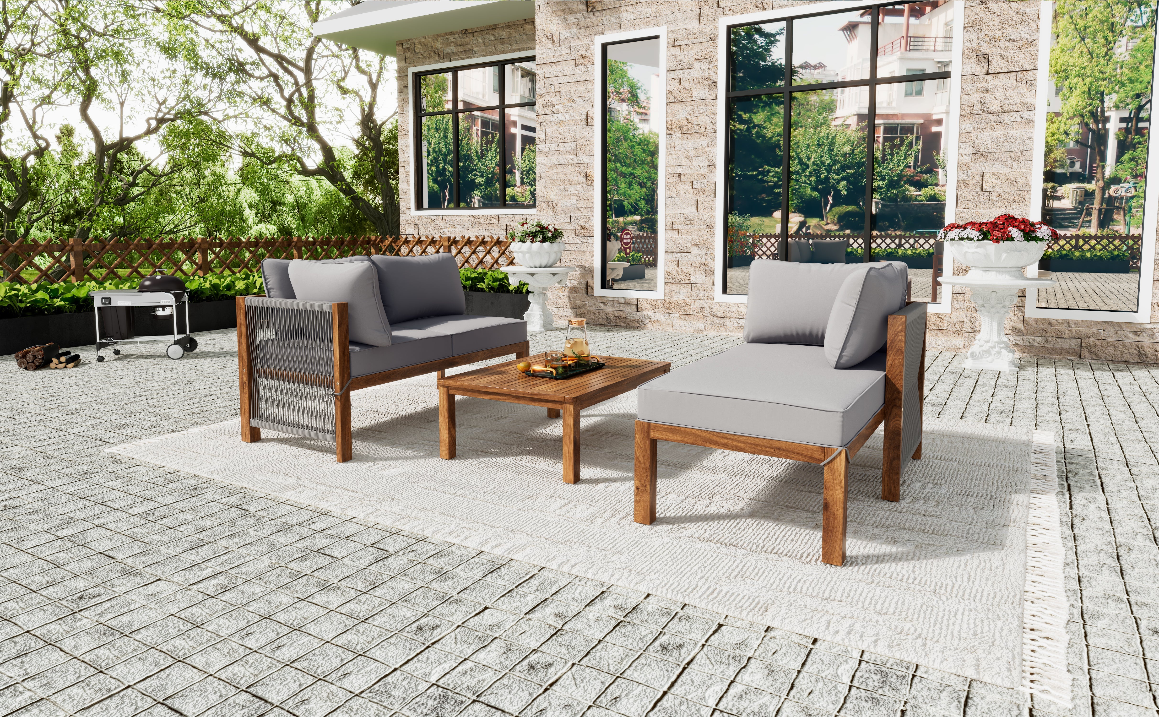 Garden Lounge Chair Set (3-Piece), L-Shaped with Adjustable Legs, Acacia and Grey Rope