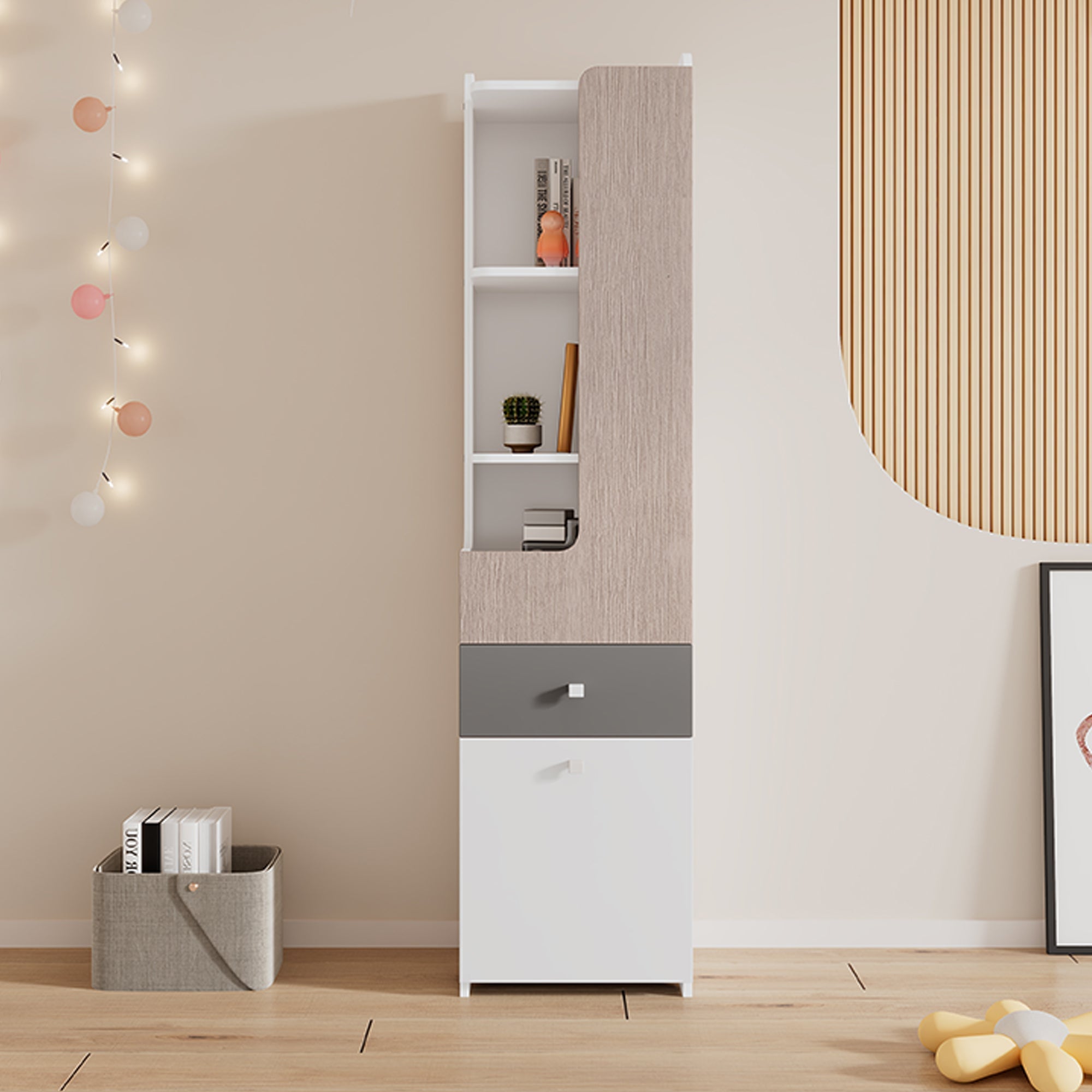 Bookcase, L-Shaped Door, Drawer, Hinged Doors, White MDF