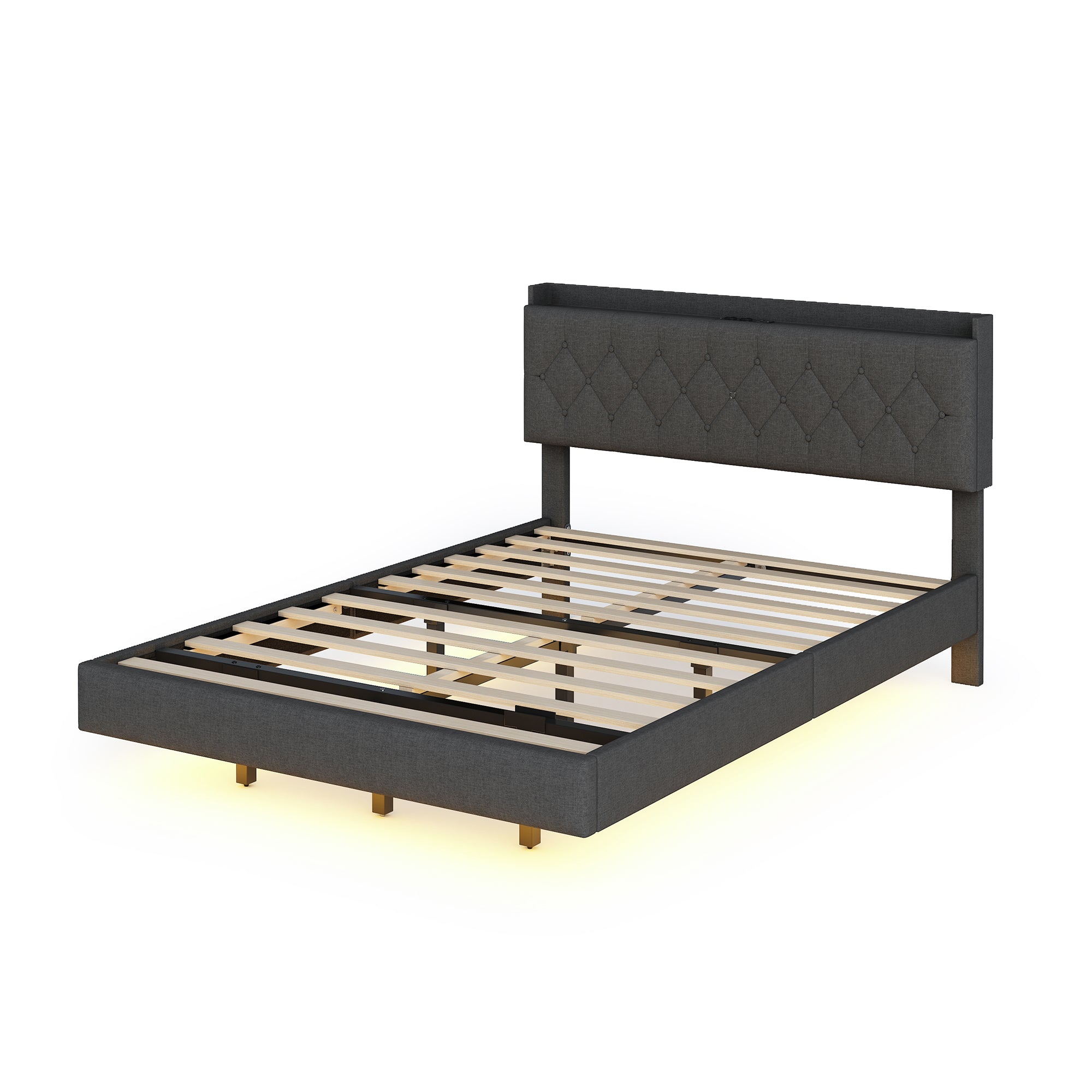Upholstered Bed, 140x200cm USB Charging LED Double with Slatted Frame, Gray Linen