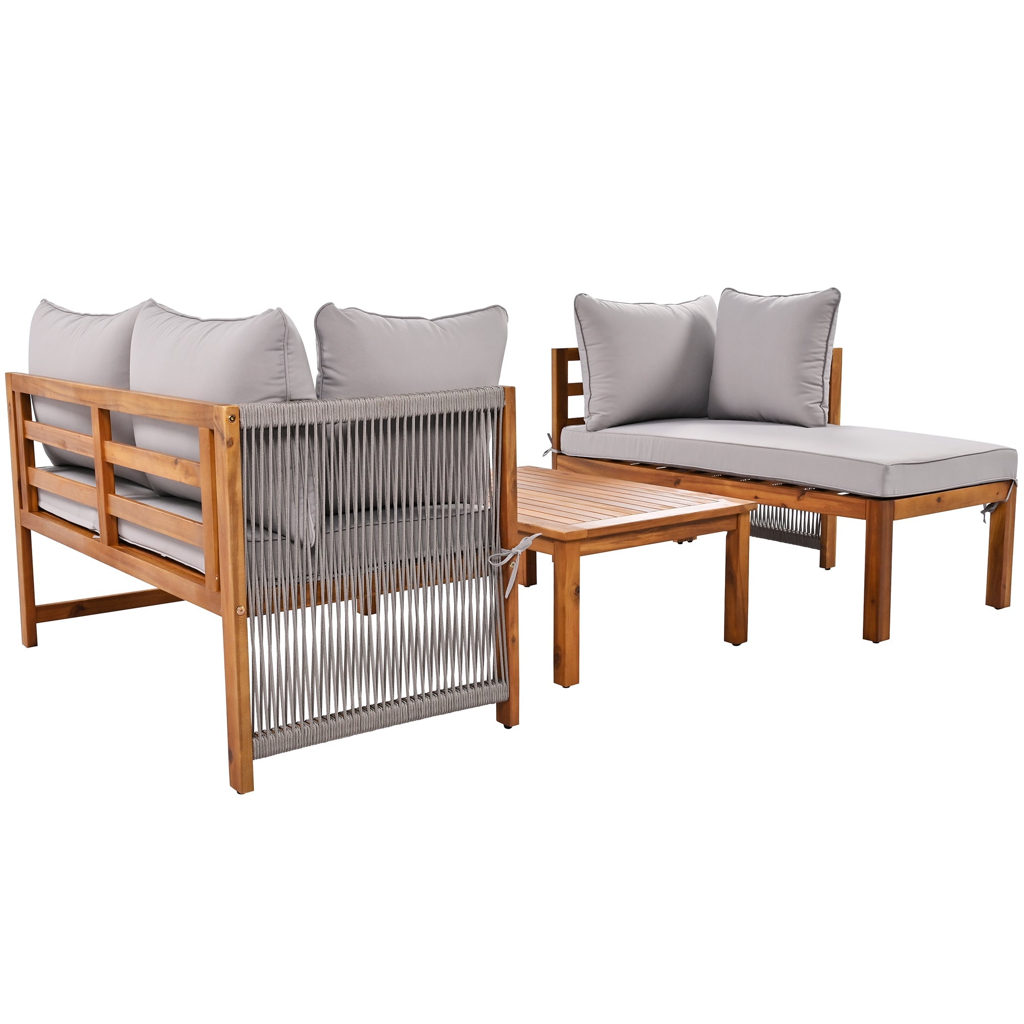Garden Lounge Chair Set (3-Piece), L-Shaped with Adjustable Legs, Acacia and Grey Rope