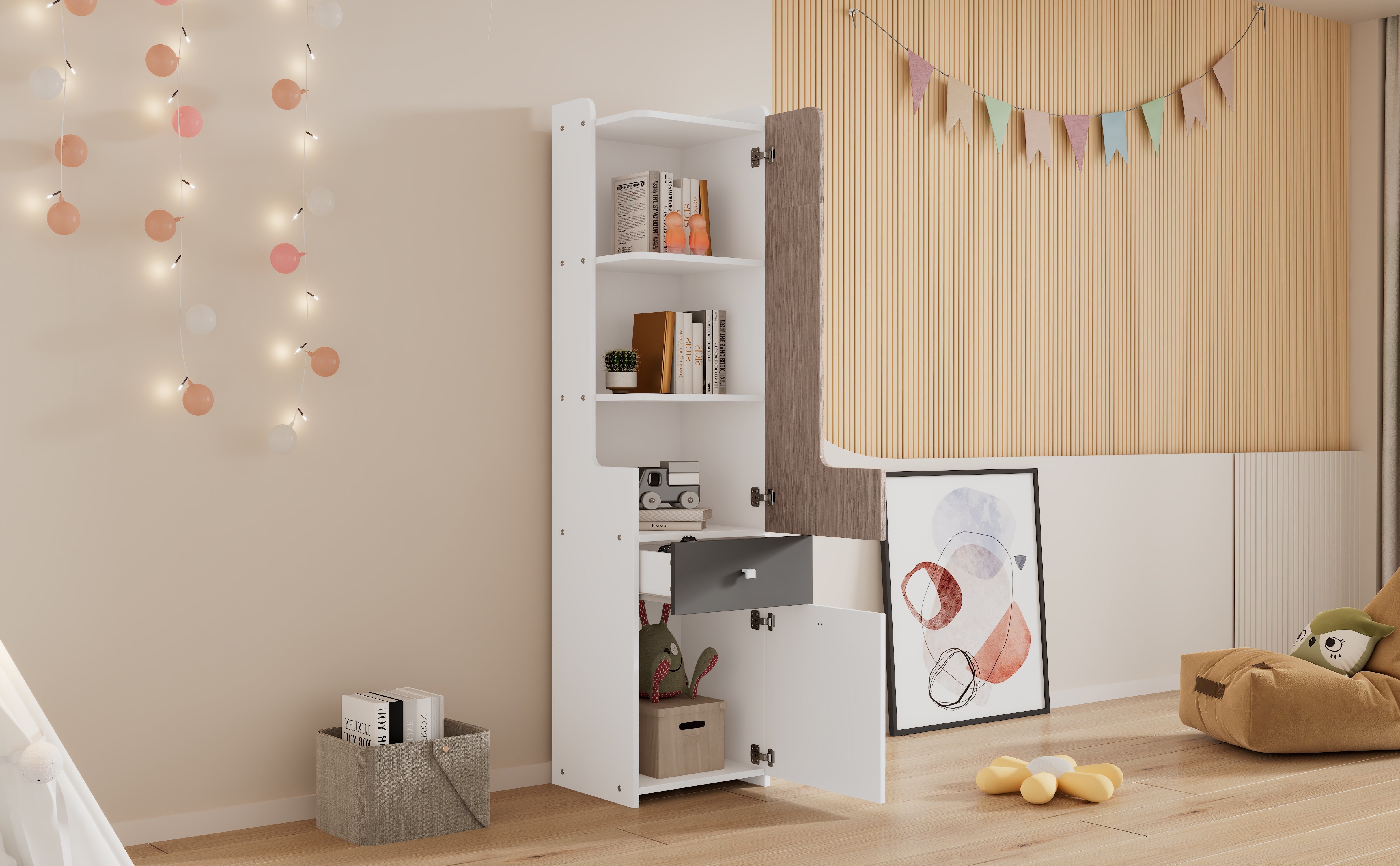 Bookcase, L-Shaped Door, Drawer, Hinged Doors, White MDF