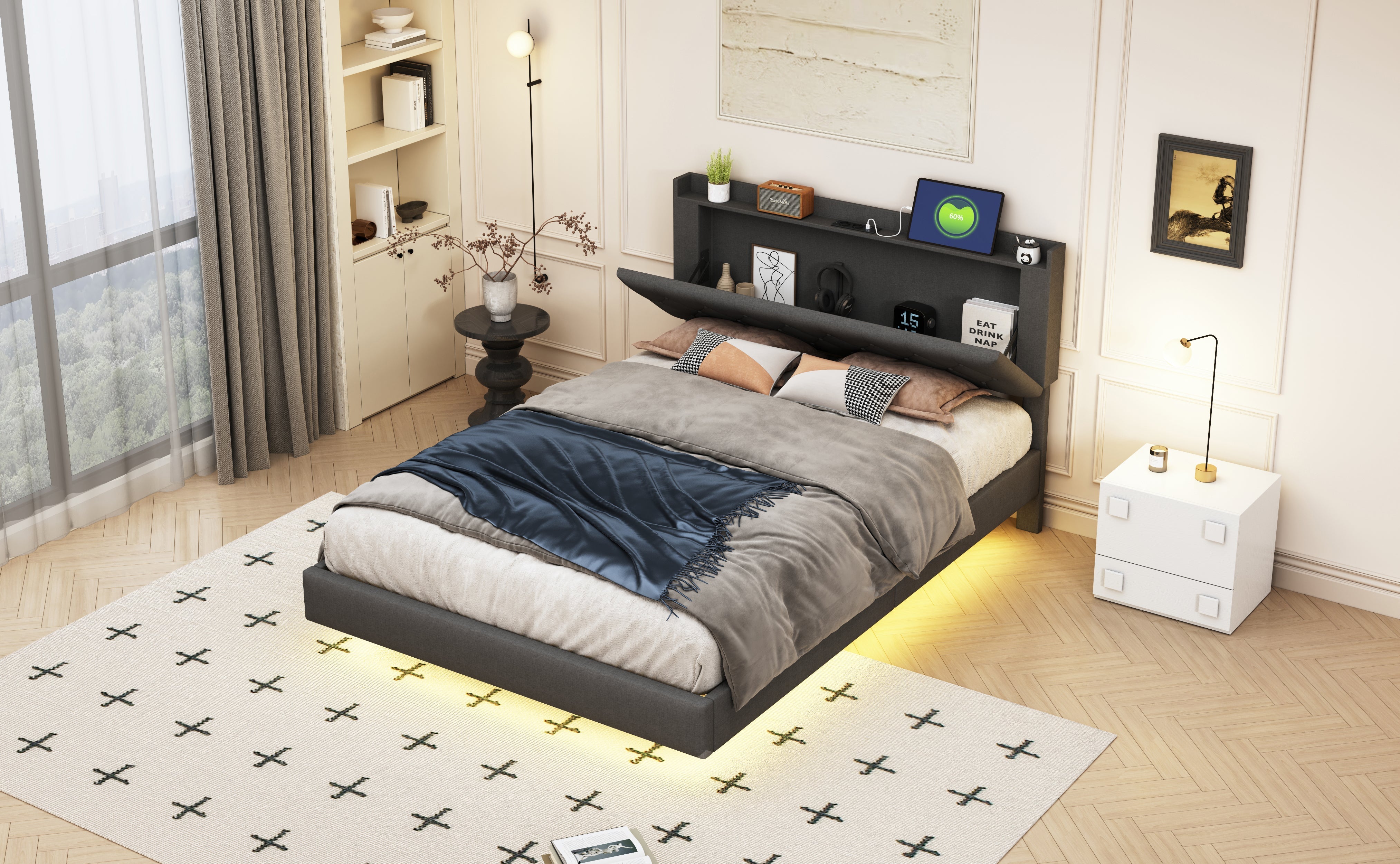 Upholstered Bed, 140x200cm USB Charging LED Double with Slatted Frame, Gray Linen