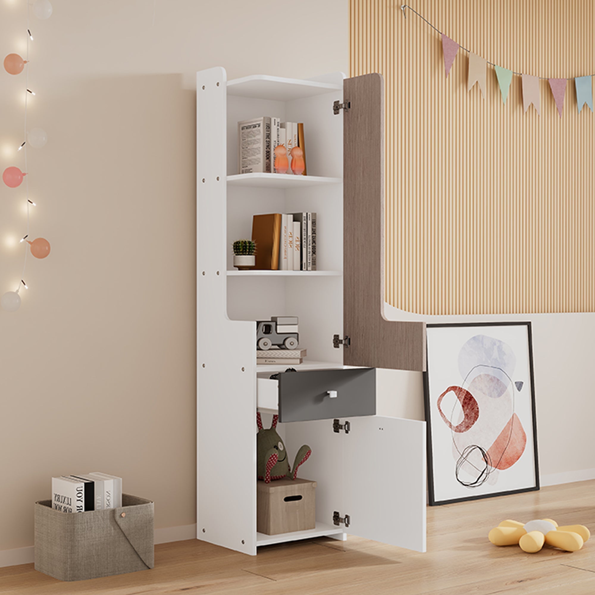 Bookcase, L-Shaped Door, Drawer, Hinged Doors, White MDF