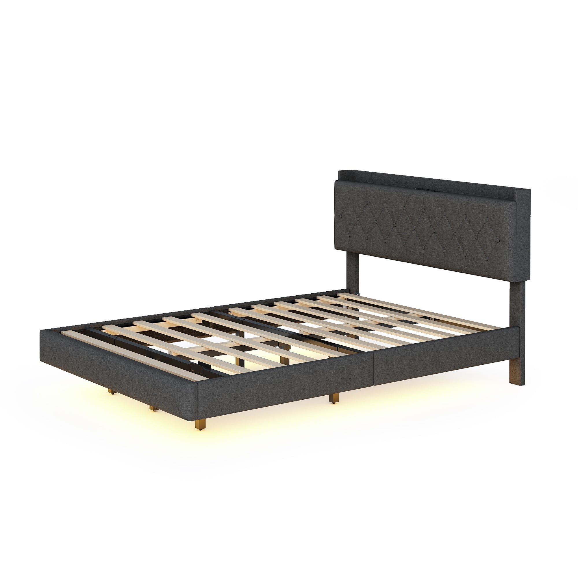 Upholstered Bed, 140x200cm USB Charging LED Double with Slatted Frame, Gray Linen
