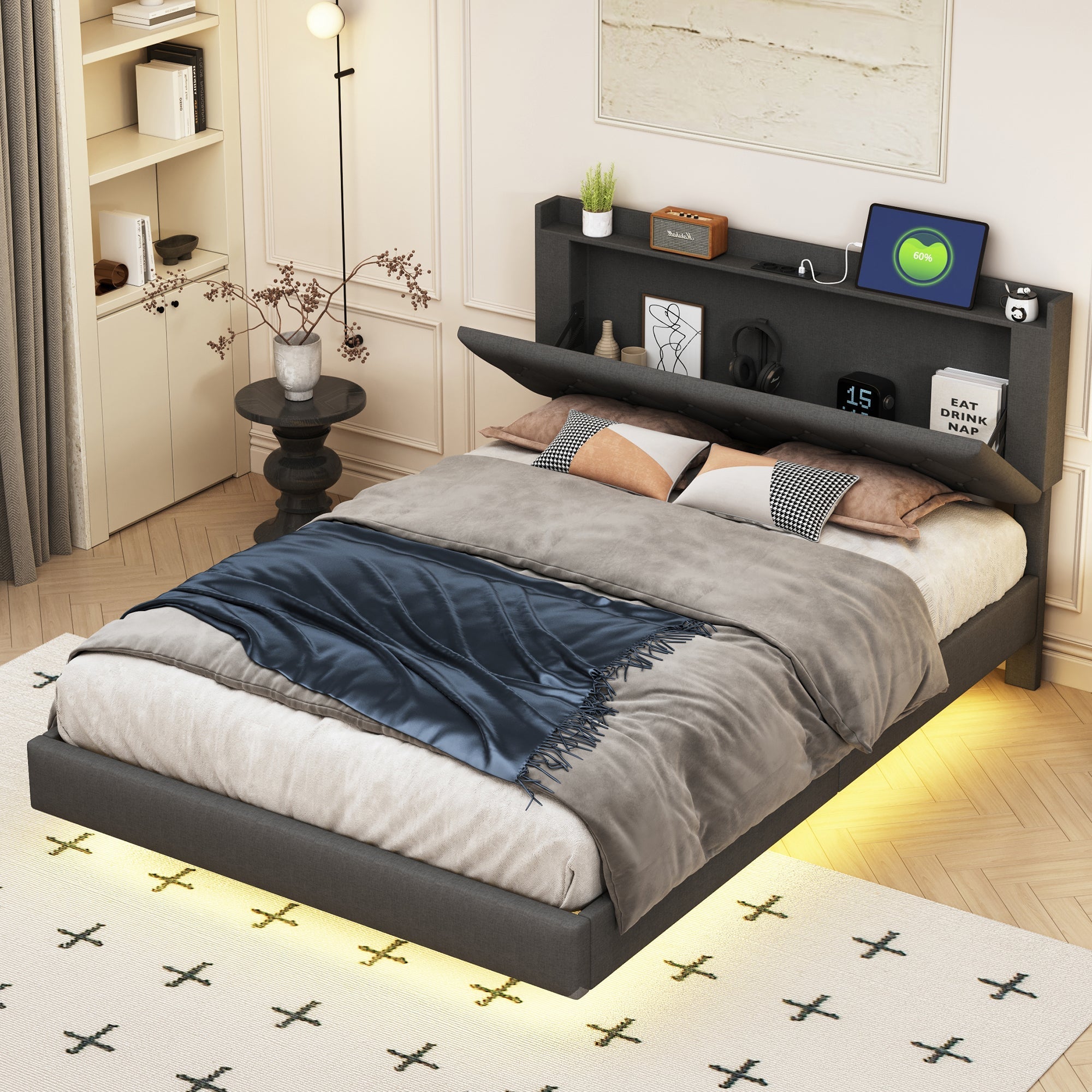 Upholstered Bed, 140x200cm USB Charging LED Double with Slatted Frame, Gray Linen