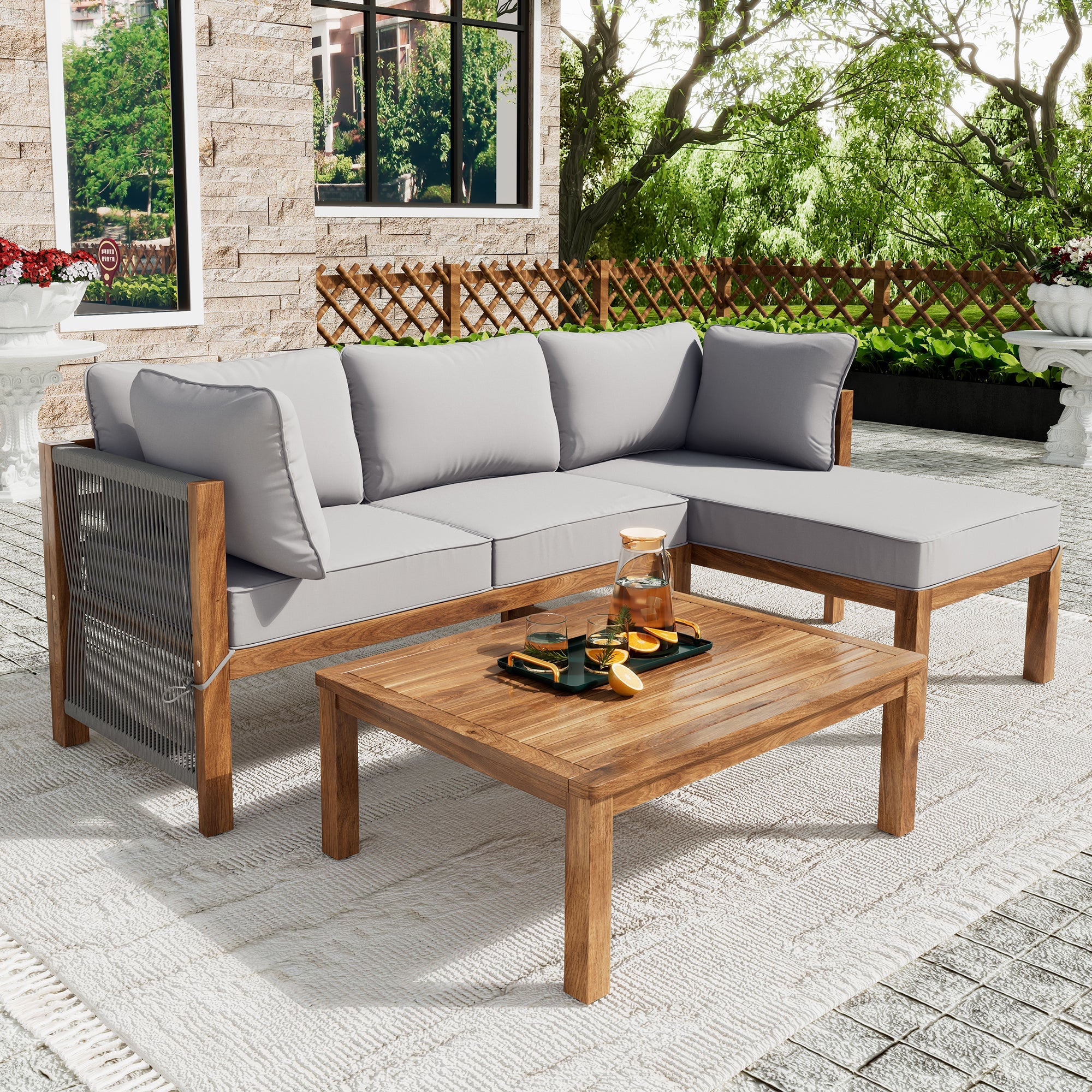 Garden Lounge Chair Set (3-Piece), L-Shaped with Adjustable Legs, Acacia and Grey Rope