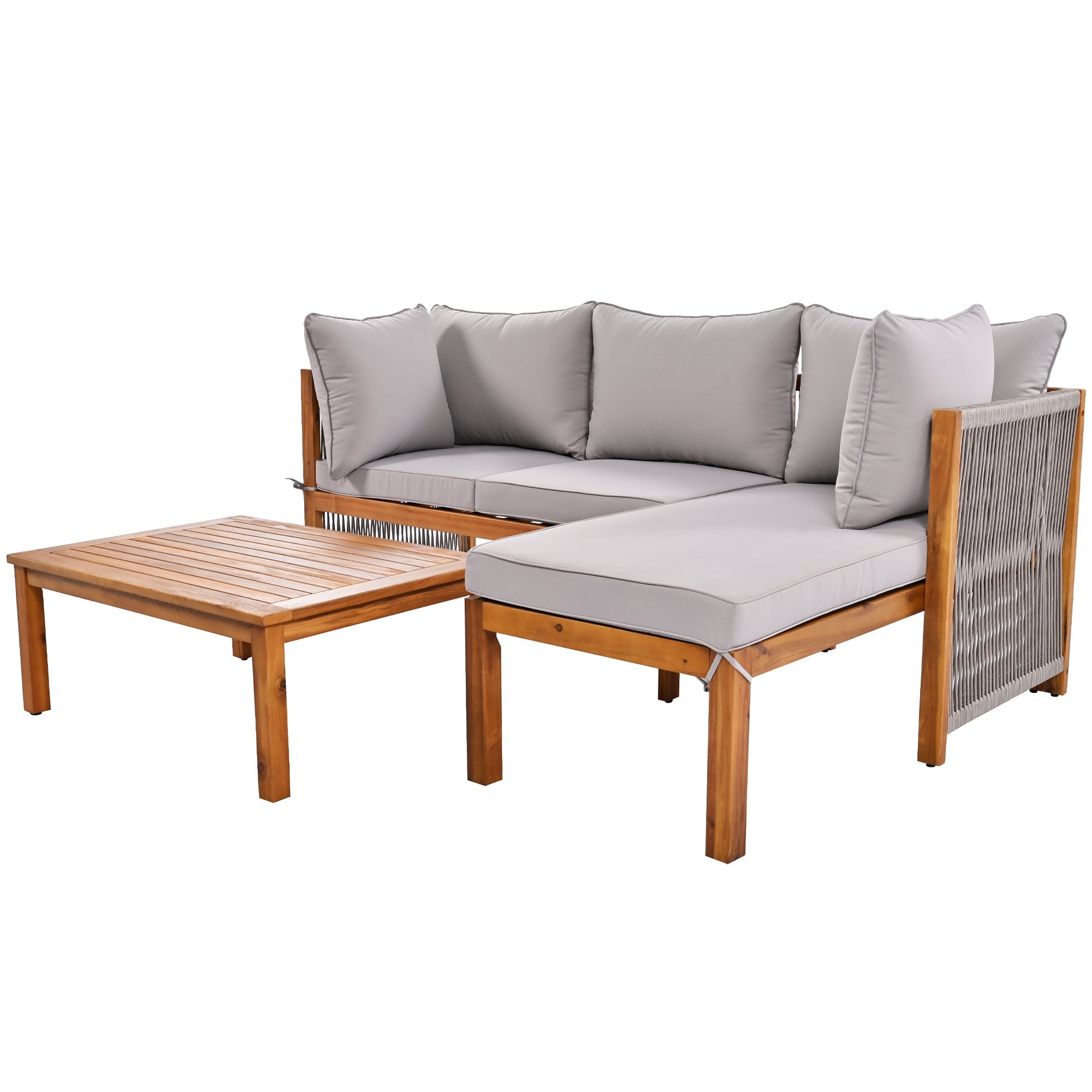 Garden Lounge Chair Set (3-Piece), L-Shaped with Adjustable Legs, Acacia and Grey Rope