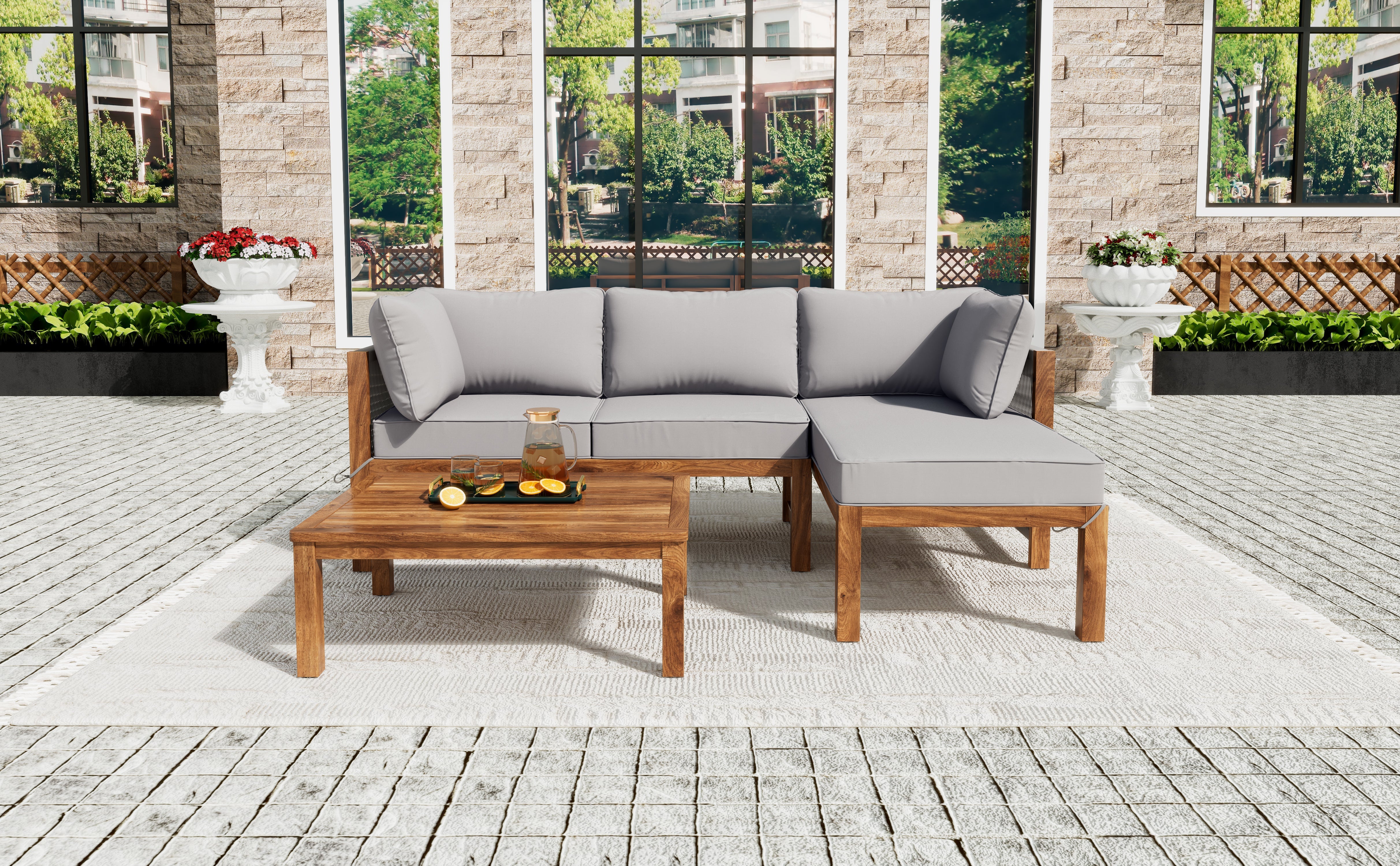 Garden Lounge Chair Set (3-Piece), L-Shaped with Adjustable Legs, Acacia and Grey Rope