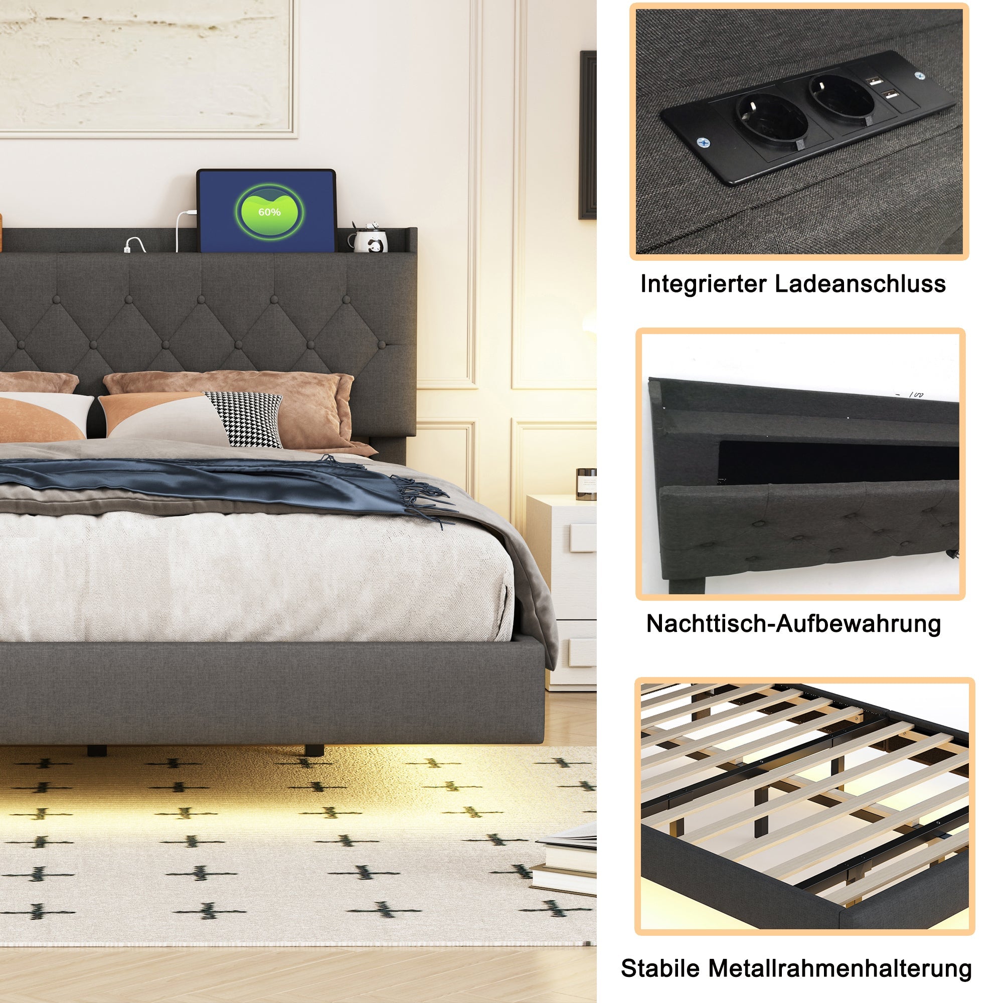 Upholstered Bed, 140x200cm USB Charging LED Double with Slatted Frame, Gray Linen