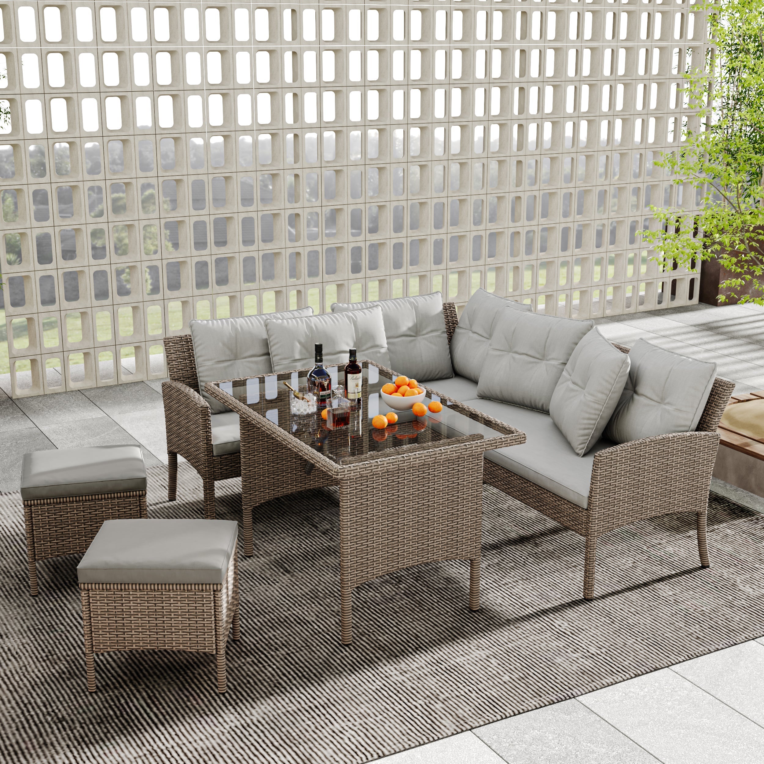 Garden Furniture Set, 6-7 Seater Rattan Patio Sofa with Table Stool, Mixed Khaki Wicker with Light Grey Cushions
