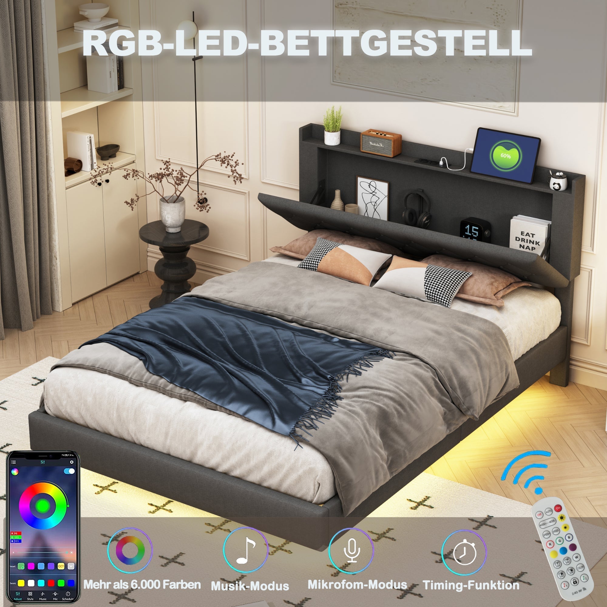 Upholstered Bed, 140x200cm USB Charging LED Double with Slatted Frame, Gray Linen