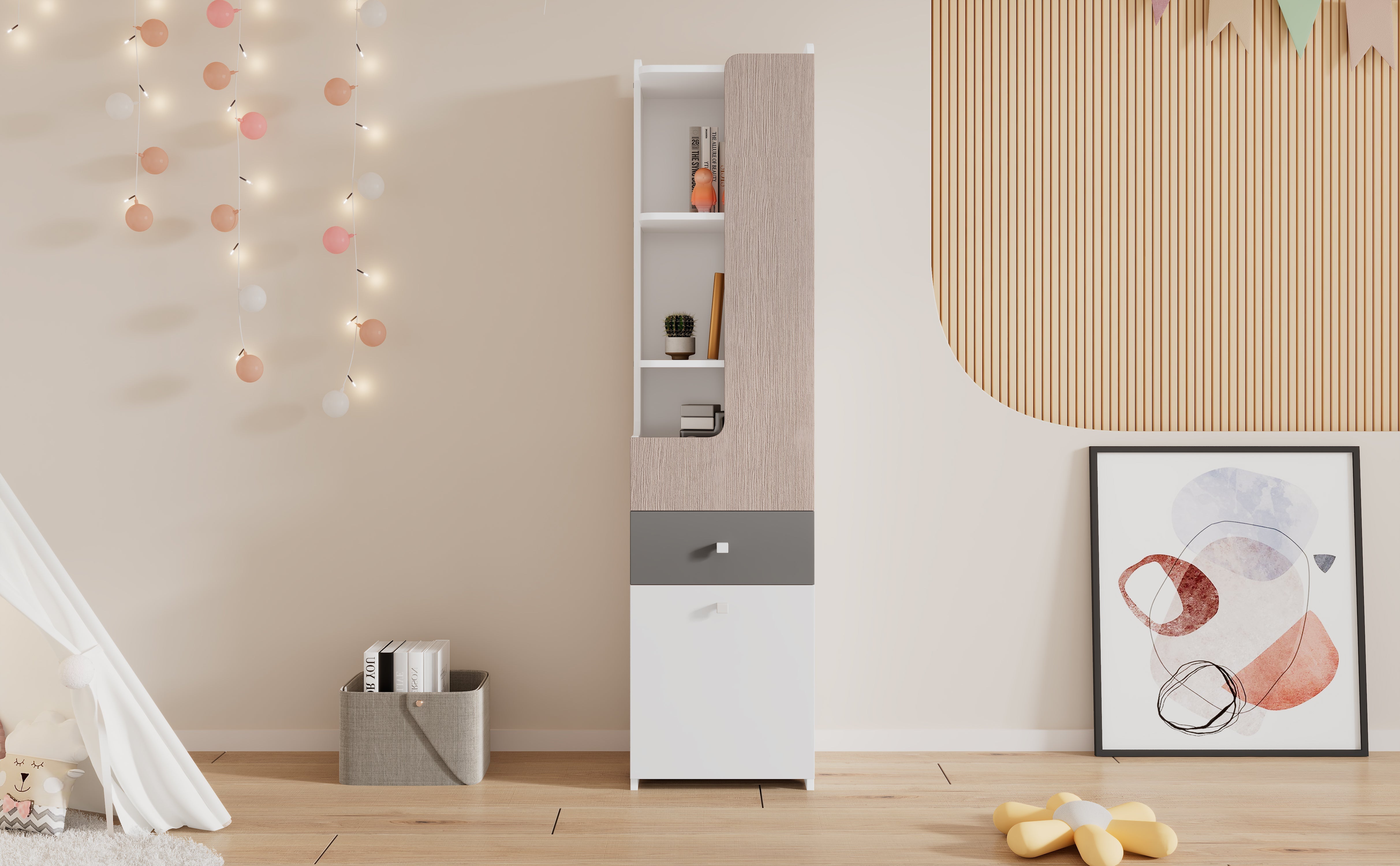 Bookcase, L-Shaped Door, Drawer, Hinged Doors, White MDF
