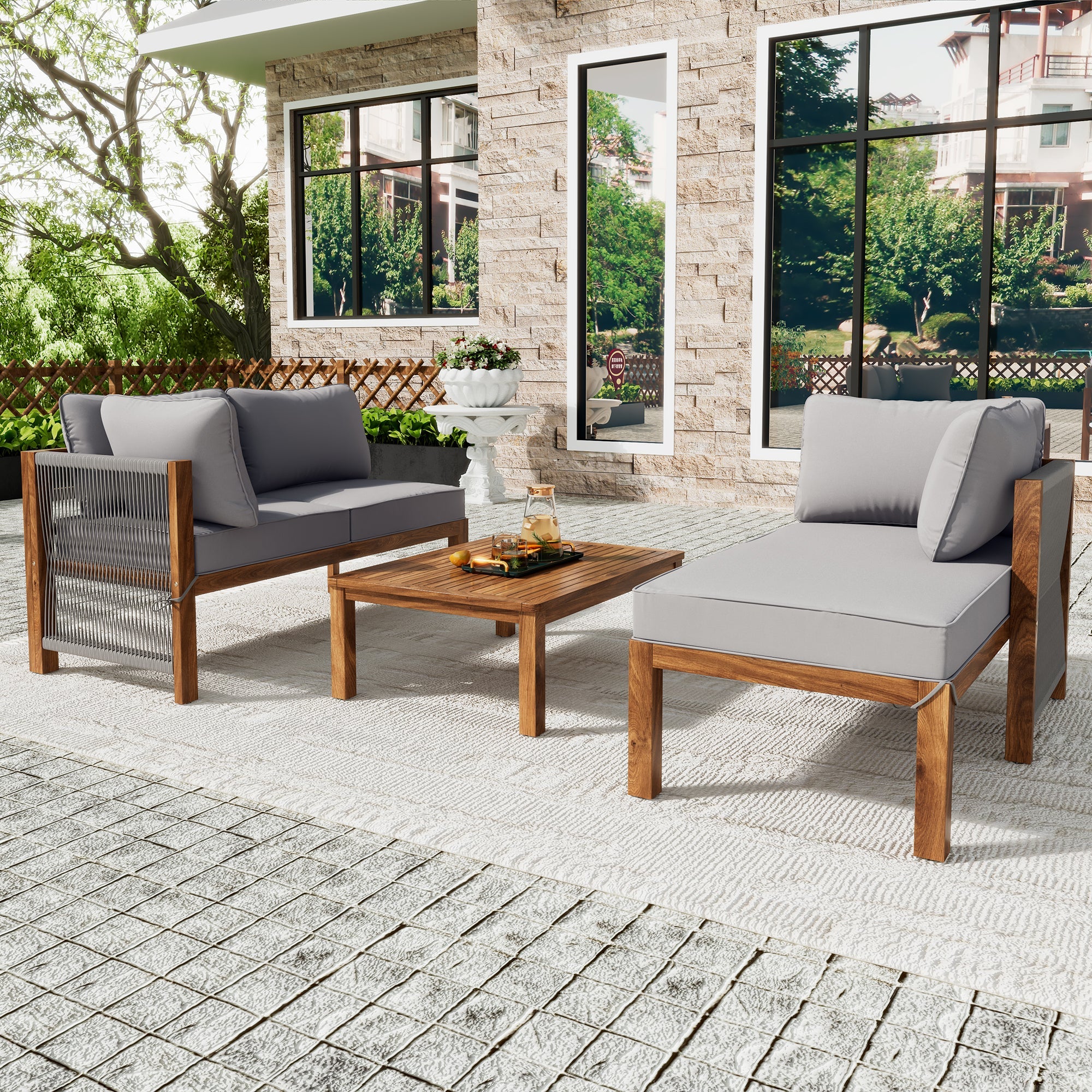 Garden Lounge Chair Set (3-Piece), L-Shaped with Adjustable Legs, Acacia and Grey Rope