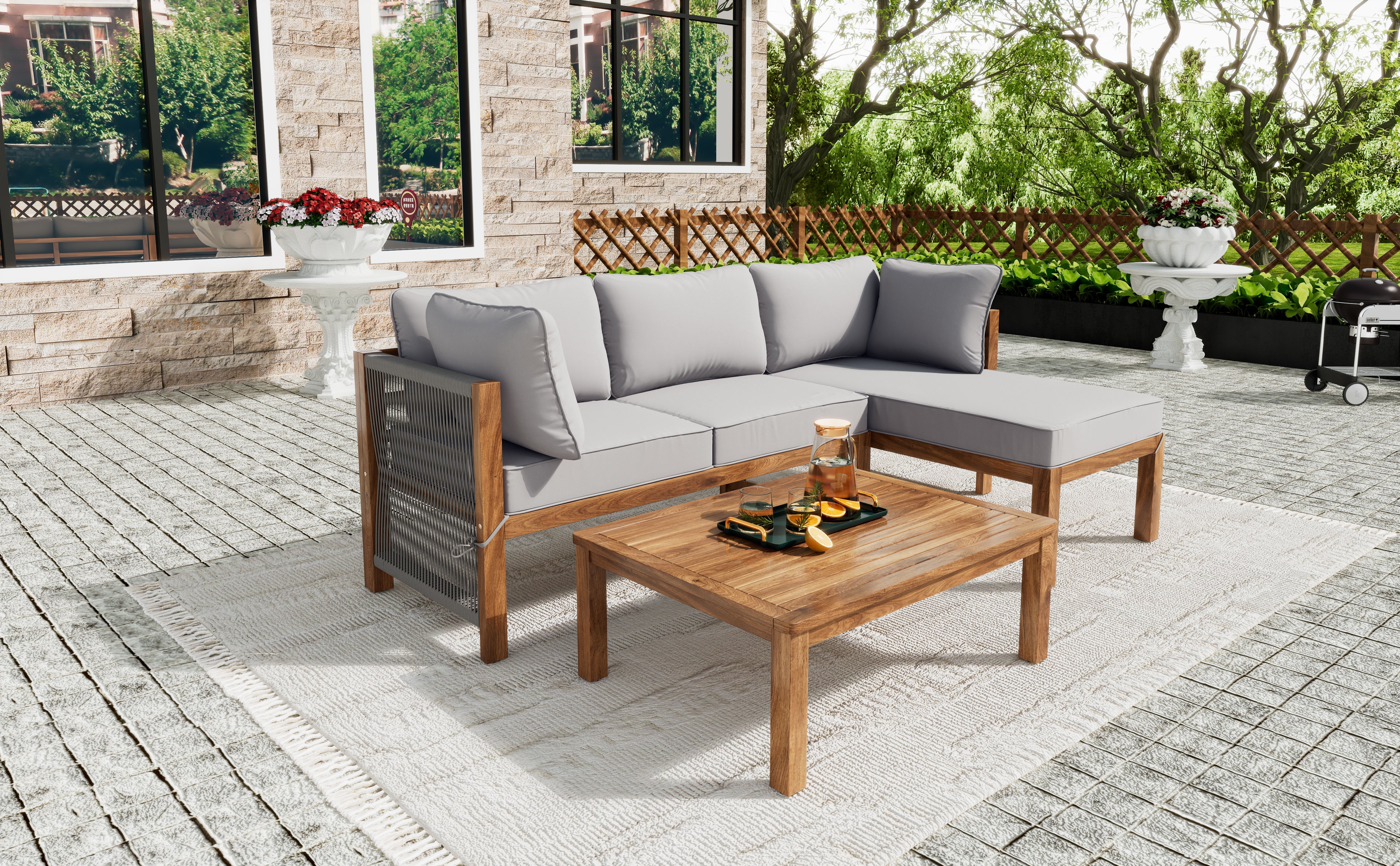 Garden Lounge Chair Set (3-Piece), L-Shaped with Adjustable Legs, Acacia and Grey Rope