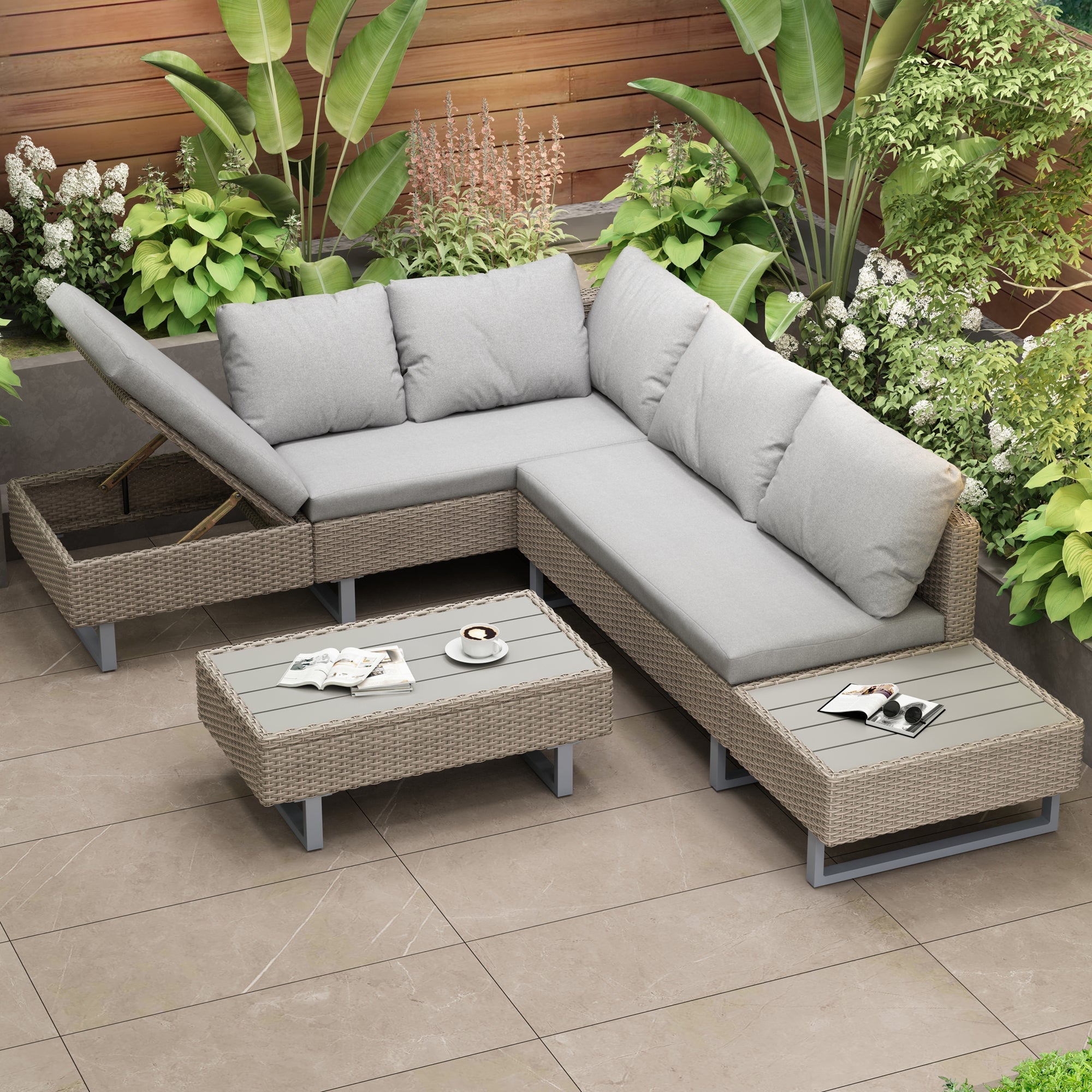 Mixed Khaki Rattan Corner Sofa Set, Anti-UV Cushions, Khaki