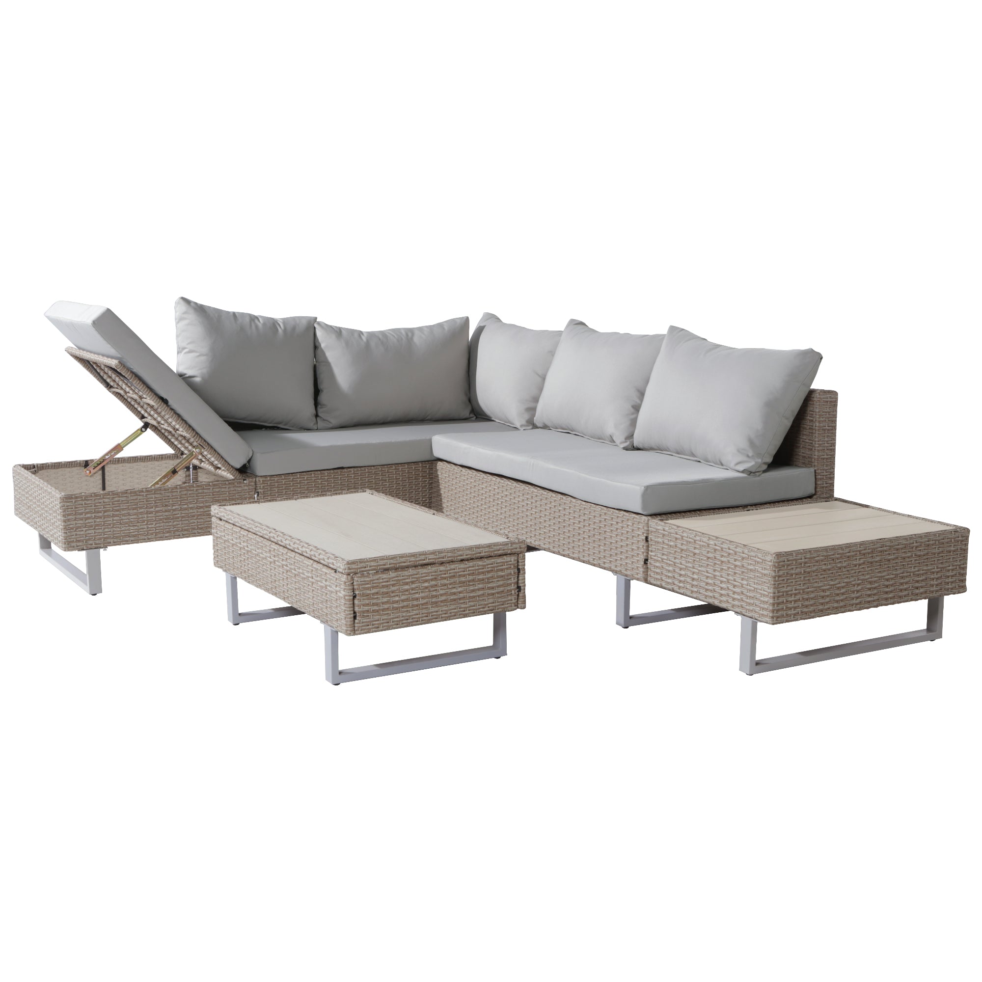 Poly Rattan Garden Furniture Set with Corner Sofa and Table for 4-5 People, Khaki