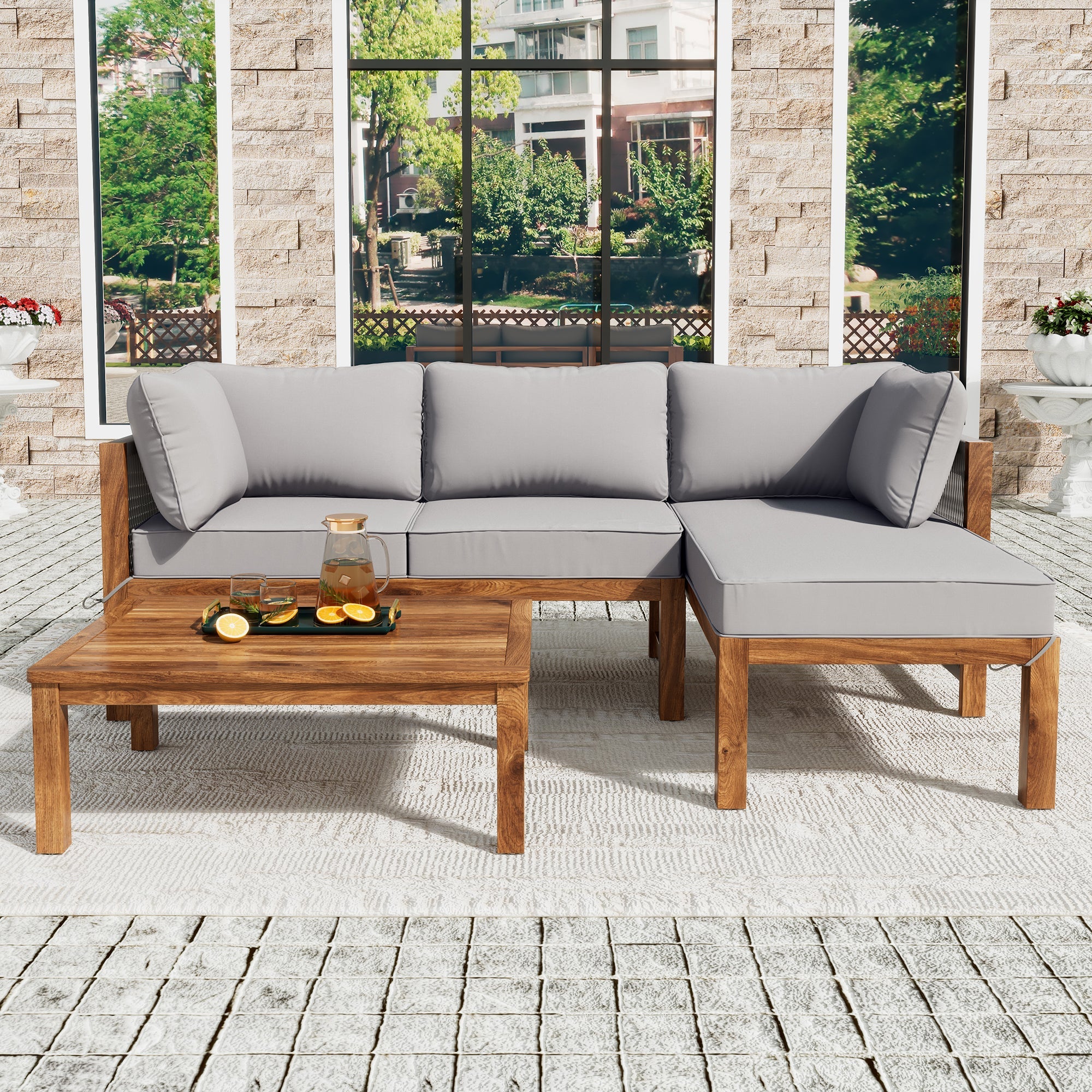 Garden Lounge Chair Set (3-Piece), L-Shaped with Adjustable Legs, Acacia and Grey Rope