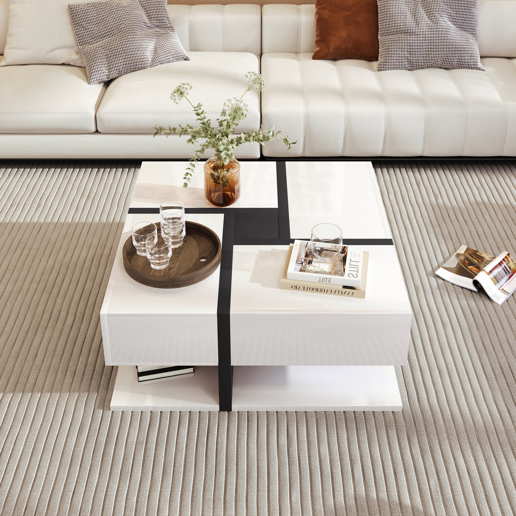 Coffee Table with 4 Drawers, Unique Color Matching, and Bottom Storage (78x78x36cm)