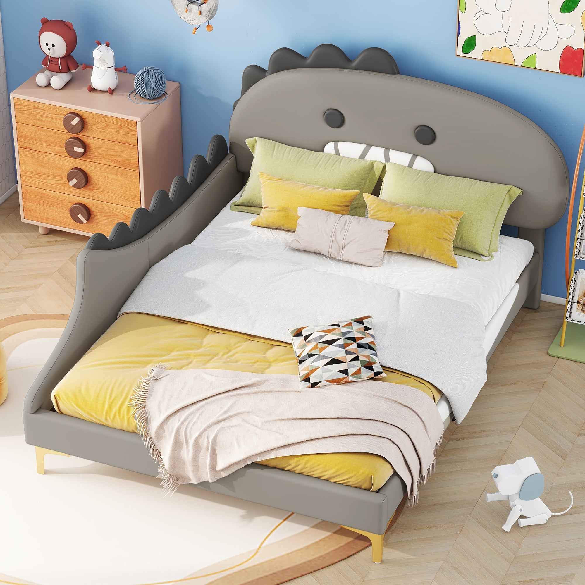 Children's Bed, 140x200cm Flat Bed Cartoon Dinosaur Shape, Grey PU Material
