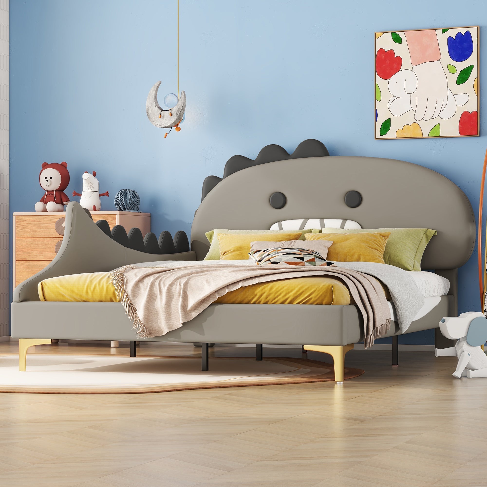 Children's Bed, 140x200cm Flat Bed Cartoon Dinosaur Shape, Grey PU Material