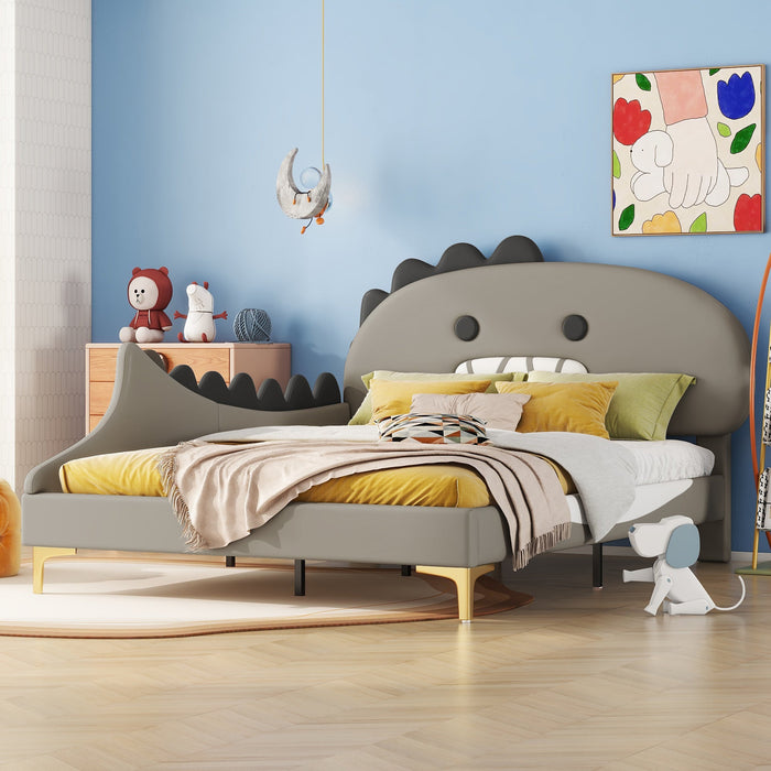 Children's Bed, 140x200cm Flat Bed Cartoon Dinosaur Shape, Grey PU Material