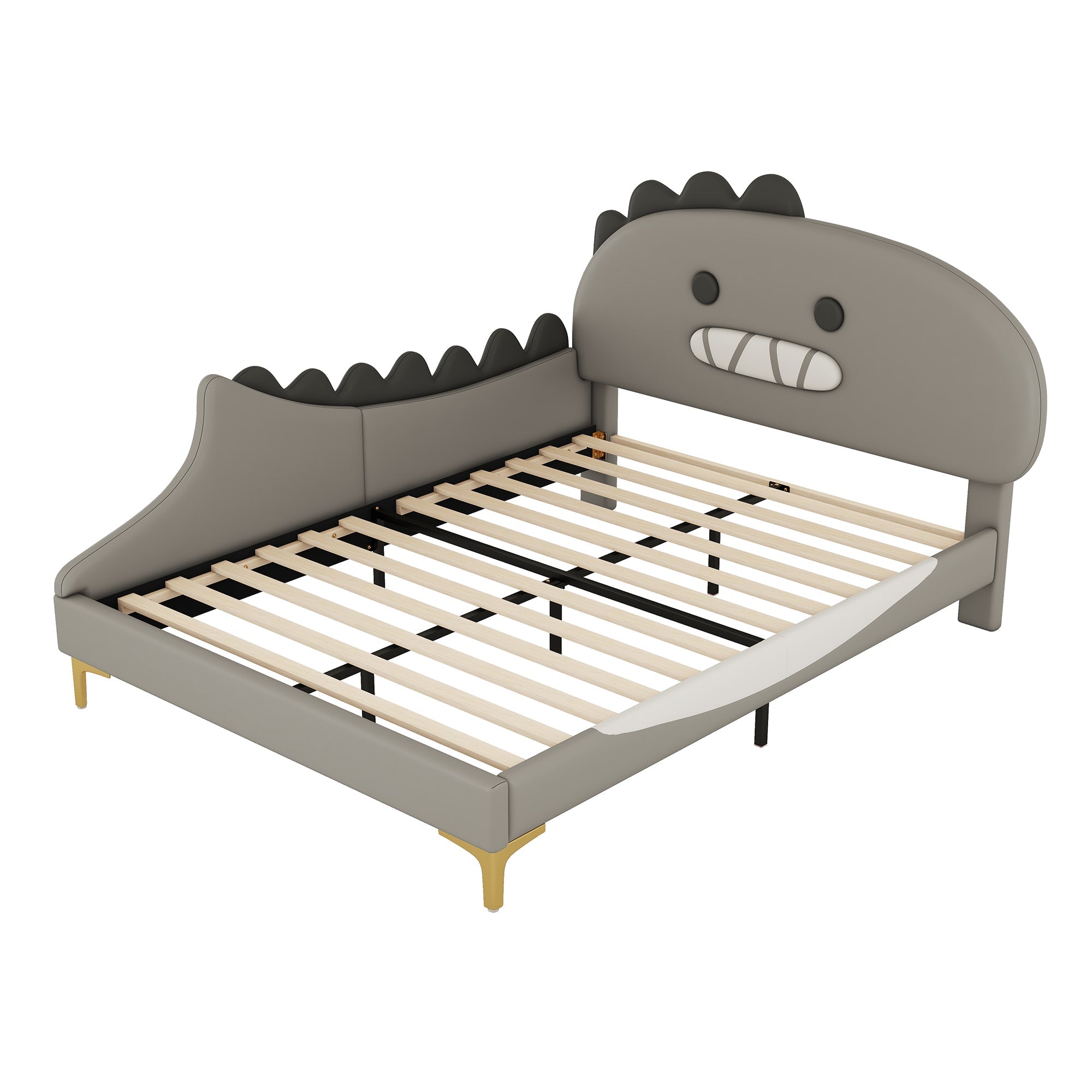 Children's Bed, 140x200cm Flat Bed Cartoon Dinosaur Shape, Grey PU Material