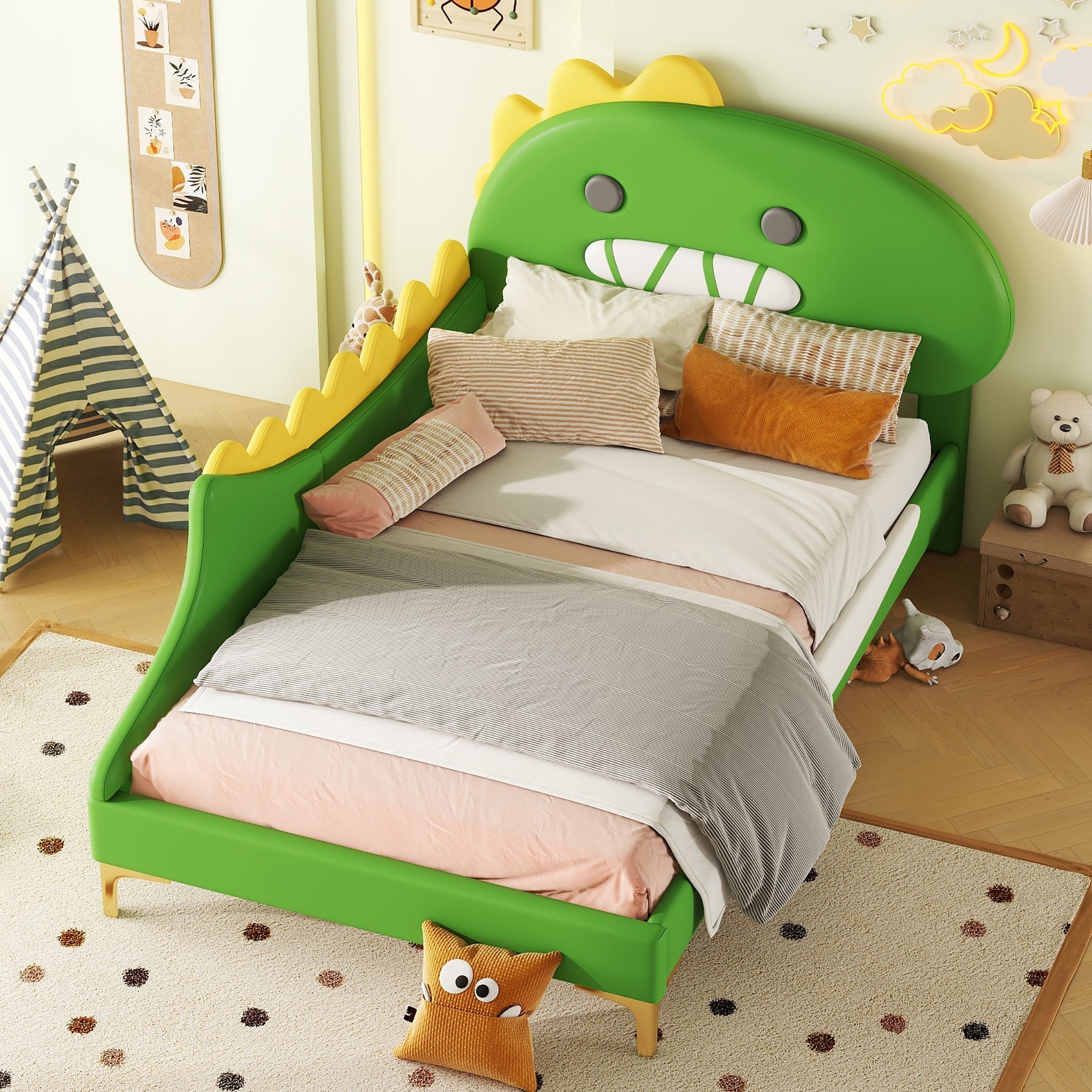 Children's Bed 90x200cm Dinosaur Shape Flat - Green PU