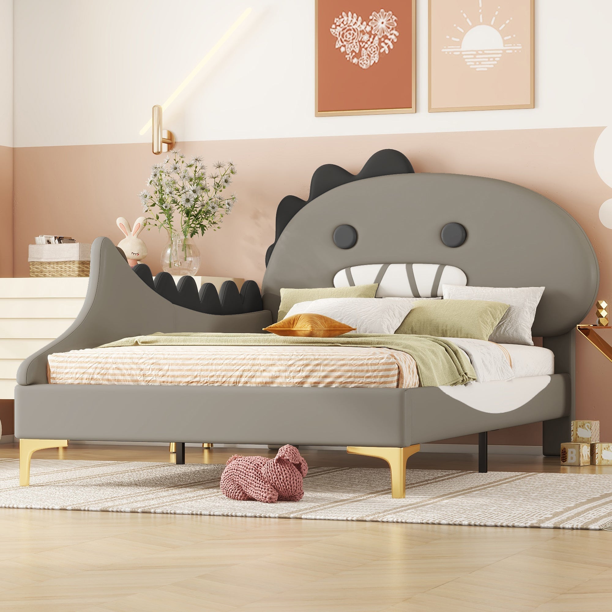 Children's Bed 90x200cm Dinosaur Shape Flat Bed - PU Grey