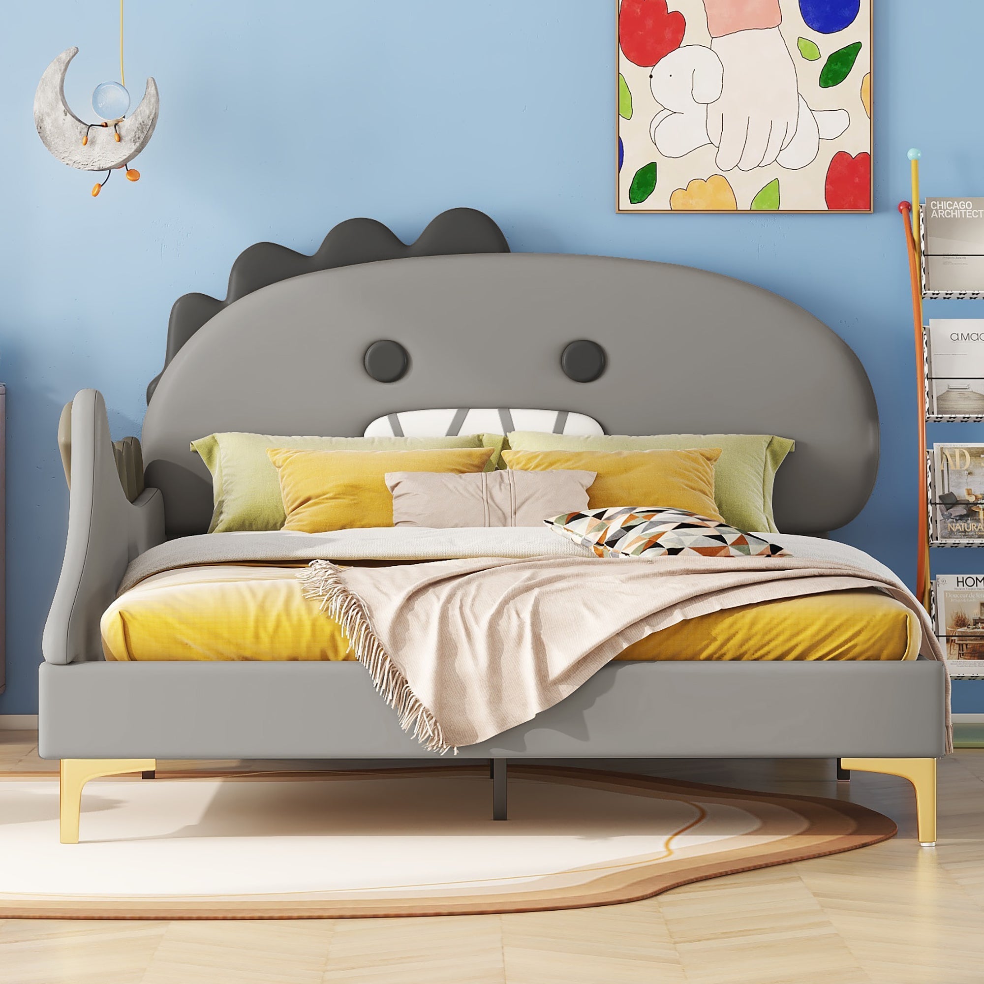 Children's Bed, 140x200cm Flat Bed Cartoon Dinosaur Shape, Grey PU Material
