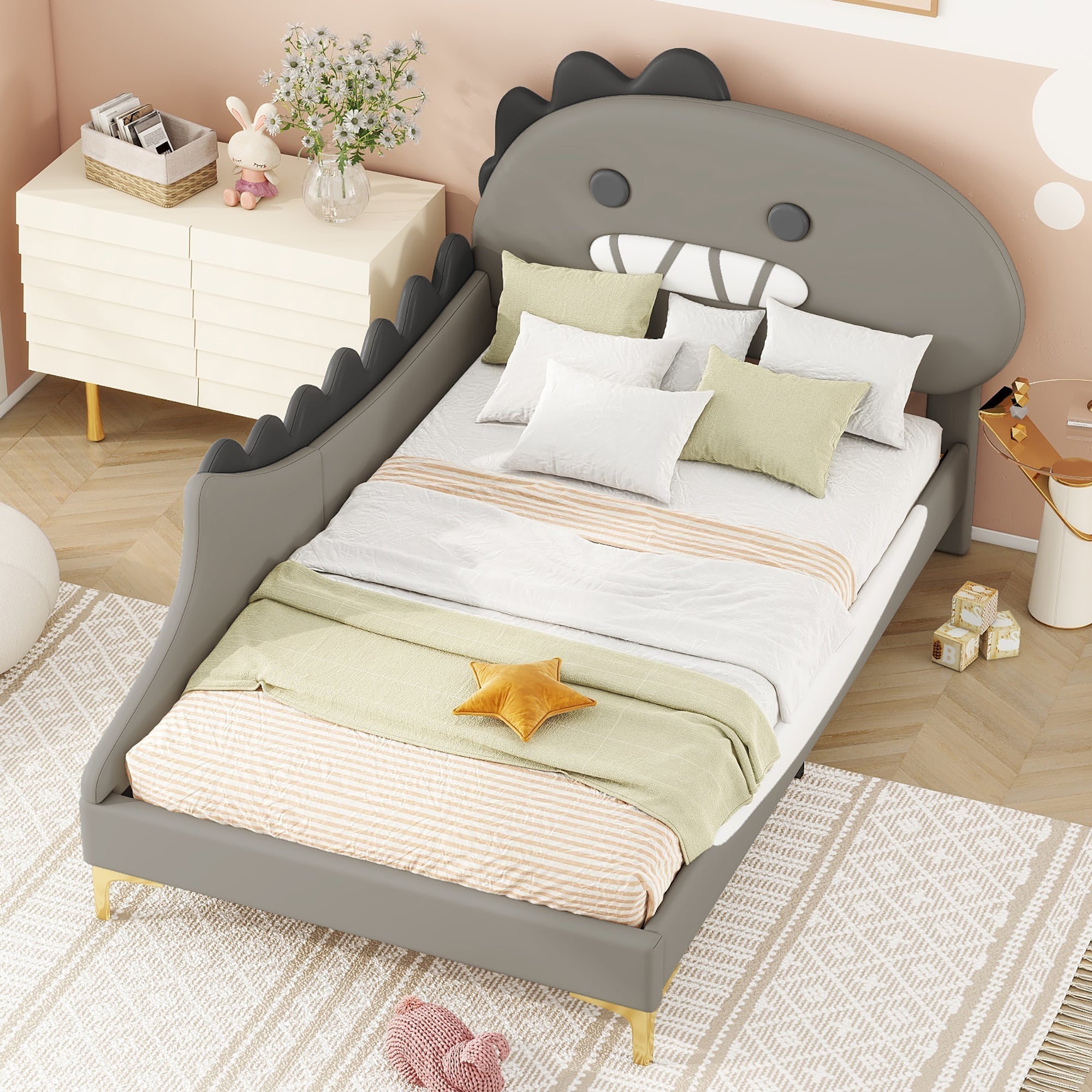 Children's Bed 90x200cm Dinosaur Shape Flat Bed - PU Grey