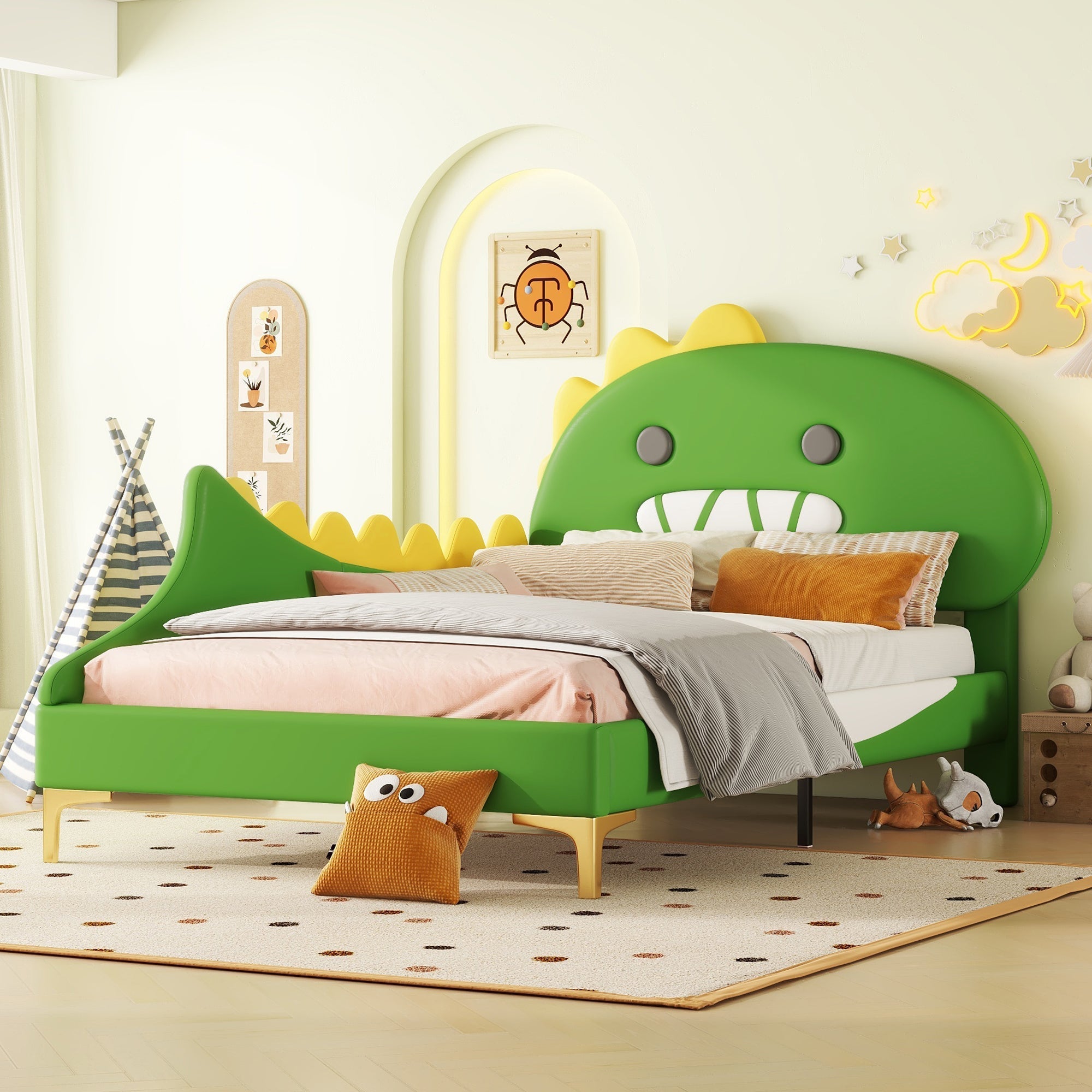 Children's Bed 90x200cm Dinosaur Shape Flat - Green PU