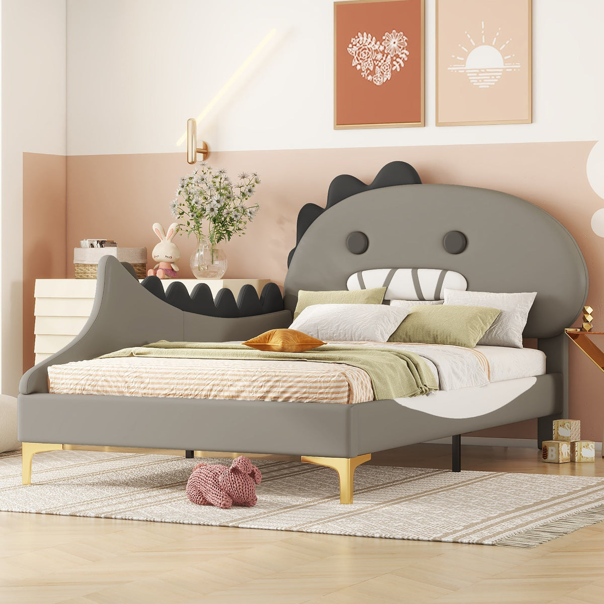 Children's Bed 90x200cm Dinosaur Shape Flat Bed - PU Grey