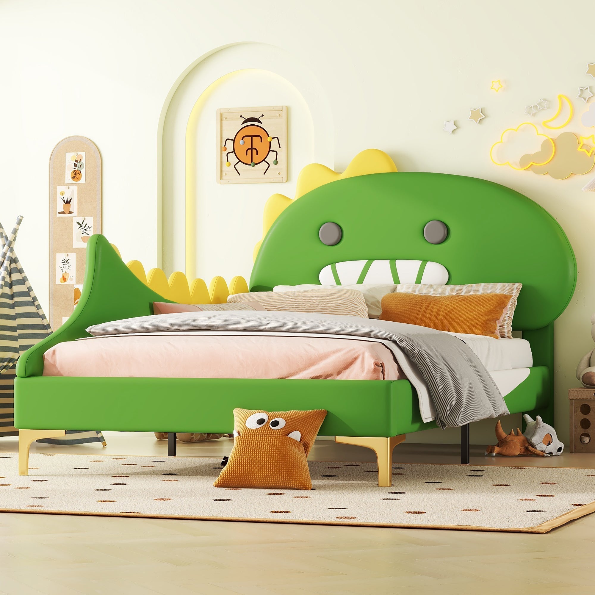 Children's Bed 90x200cm Dinosaur Shape Flat - Green PU